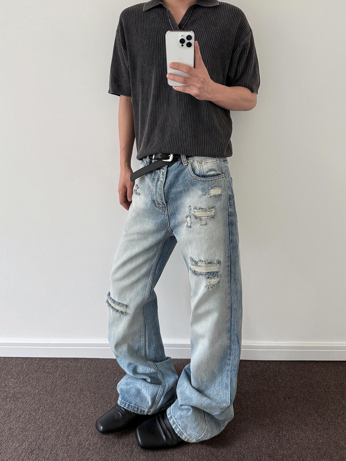 Jean Light Blue Ripped Loose Washed Micro Flare Jeans Size US 30 / EU 46 - 1 Thumbnail