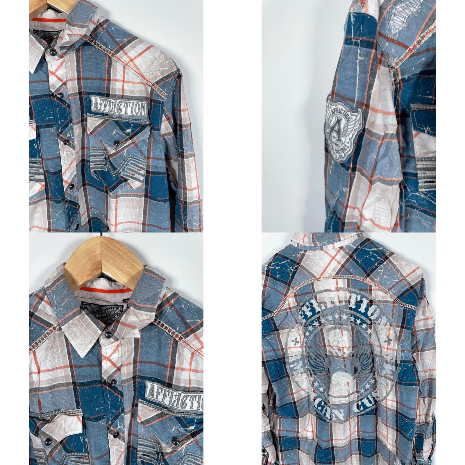 Affliction Affliction Shirt Western Plaid Long Sleeve Button-Up XL Men Blue Cotton Spandex Faux Distressing Embroideries Pearl Snap XLarge Vintage No Size US XL / EU 56 / 4 - 9 Thumbnail