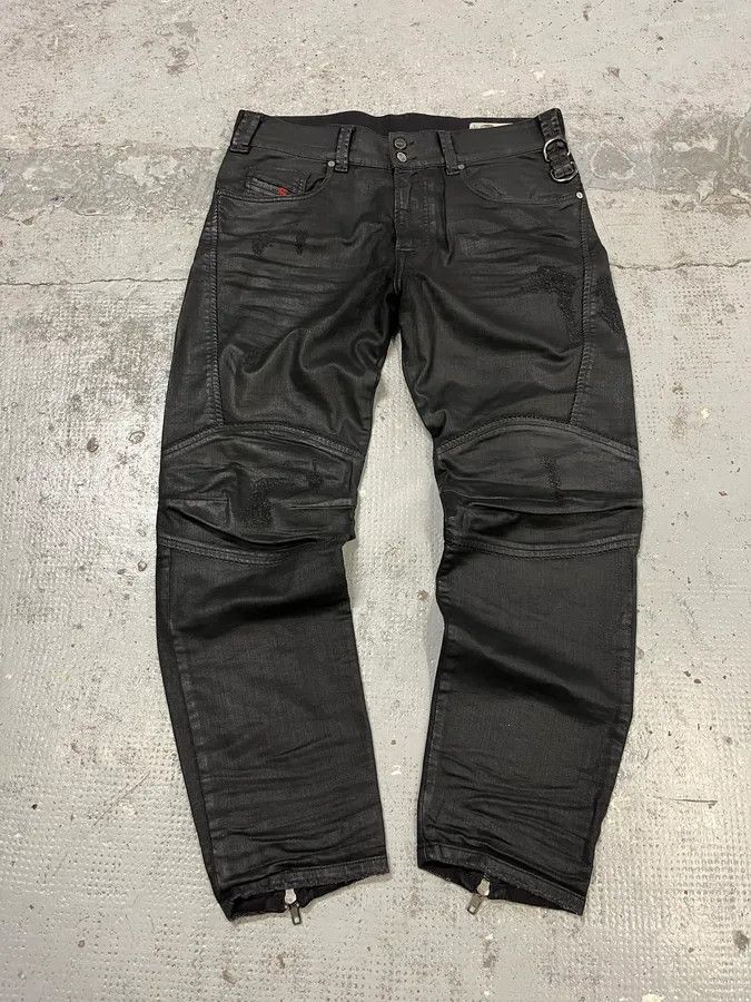 Diesel Black Waxed Slim Zip Denim Jeans