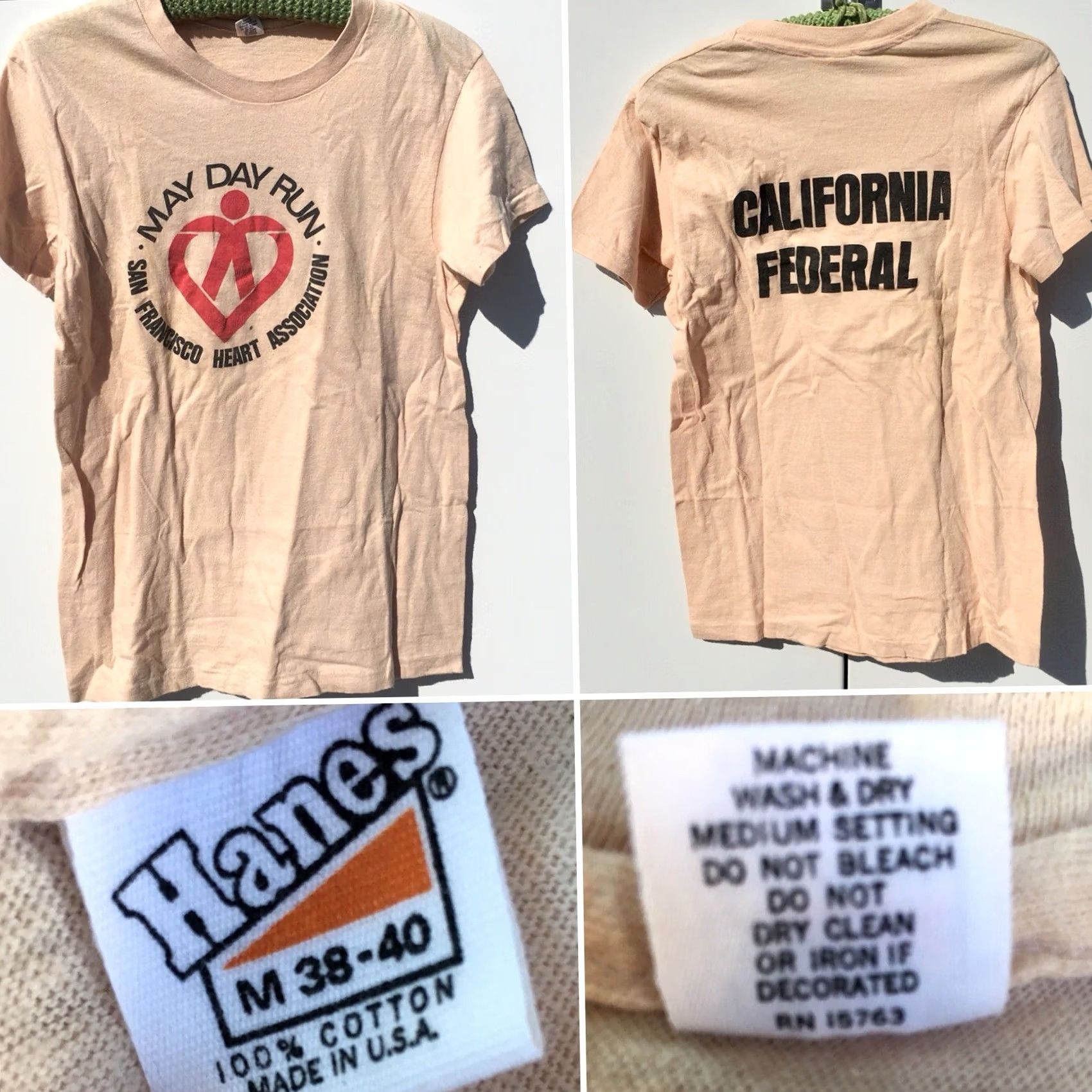 Hanes VINTAGE May Day Run San Francisco Heart Association T-Shirt California Federal M Hanes 100% Cotton Short Sleeve Graphic Tee Men Beige 1970s M Size US M / EU 48-50 / 2 - 6 Thumbnail