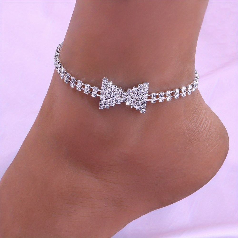 Other Silver Tone Rhinestone Bow Anklet Bracelet For Women With Ad Size ONE SIZE - 1 Thumbnail
