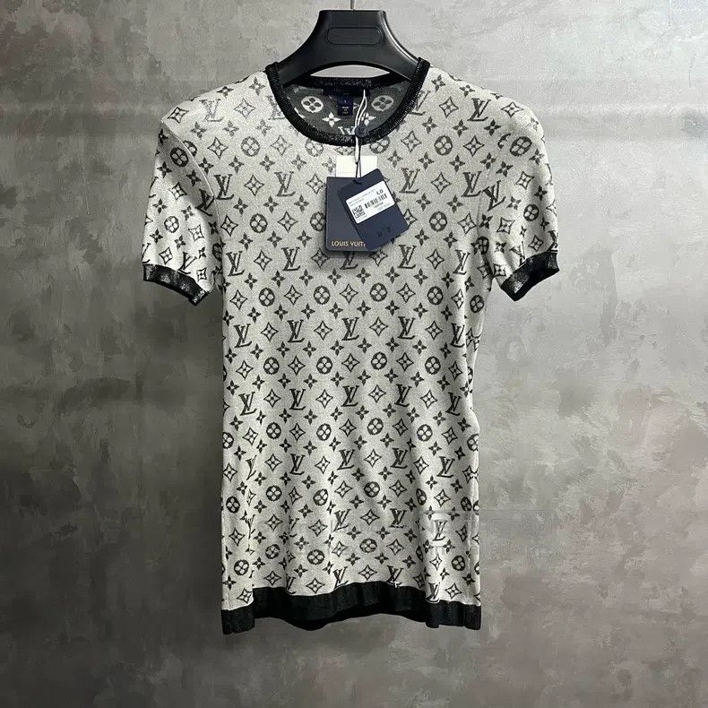 Louis Vuitton Grey Jacquard Silk Knit Crew Neck short Slee