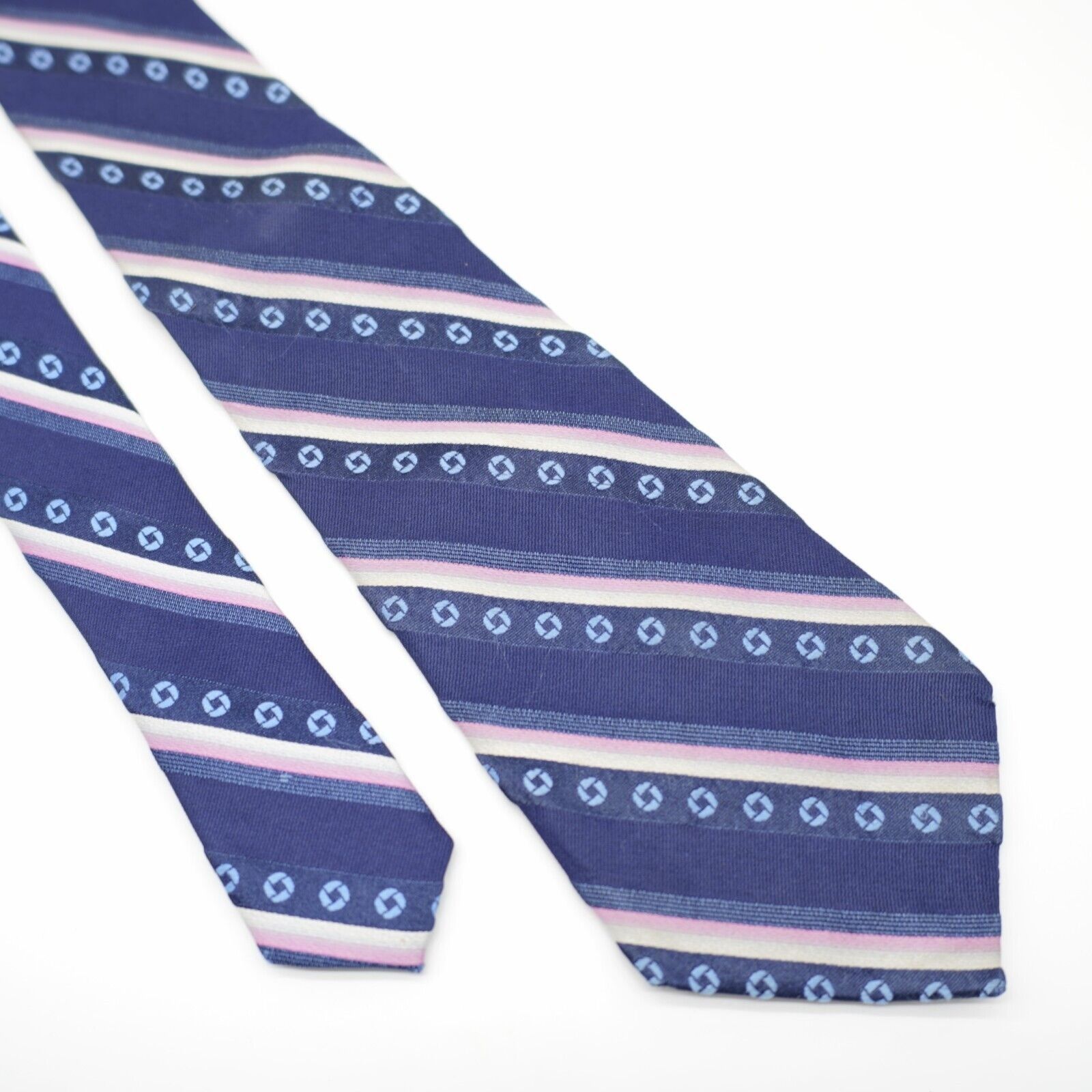 Lands' End Land's End Blue Pink Striped Geometric Woven Long Silk Tie Size ONE SIZE - 1 Thumbnail