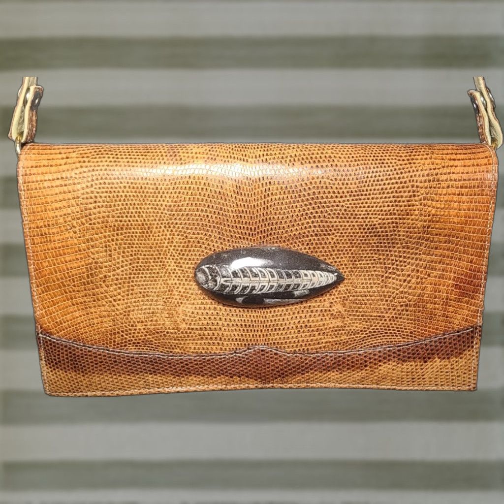 Fossil VTG Dark Tan Brown Women Lizard Leather Bag With Fossil Decoration Purse Shoulder Bag Size ONE SIZE - 1 Thumbnail