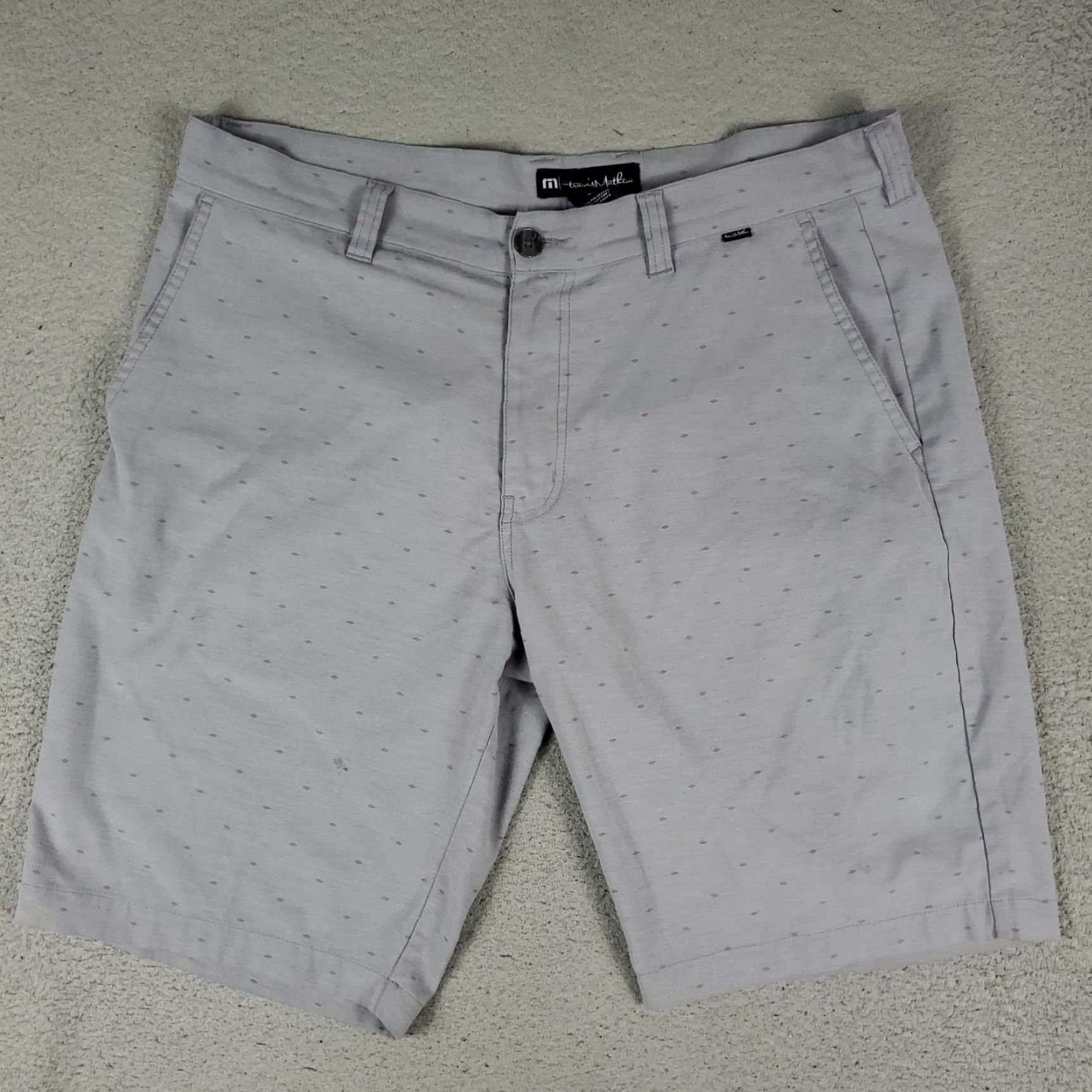 TravisMathew Travis Mathew Shorts Mens 36 Gray Flat Front Golf Casual Summer Lightweight Polyester Cotton Spandex Kn it Geometric Pockets Size US 36 / EU 52 - 2 Thumbnail
