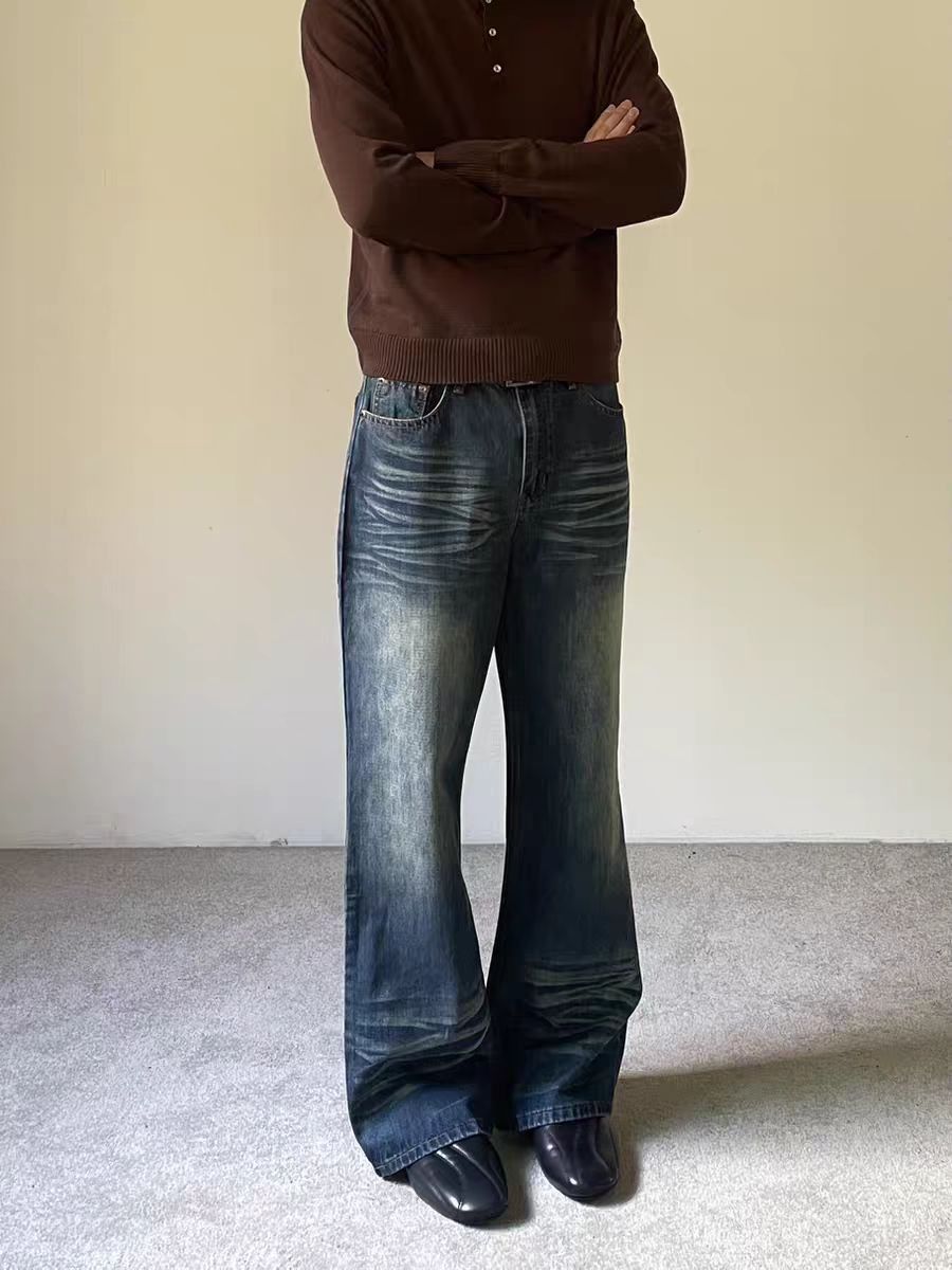 Jean Blue Water Wave Cat-Whisker Loose-Fit Jeans Size US 34 / EU 50 - 3 Thumbnail