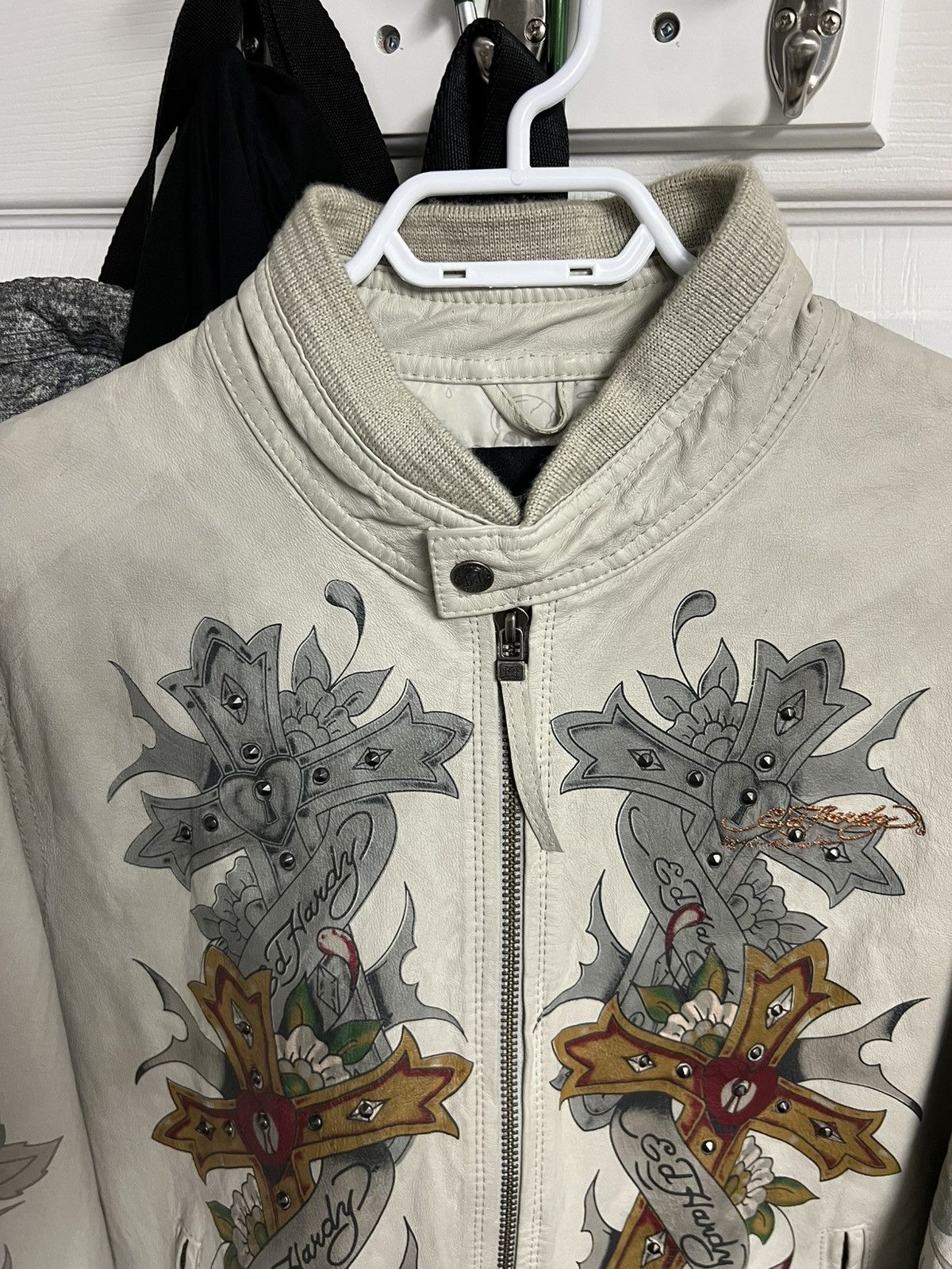 Christian Audigier × Ed Hardy Ed Hardy x Christine Audigier Leather Jacket Off White Size US XL / EU 56 / 4 - 10 Thumbnail