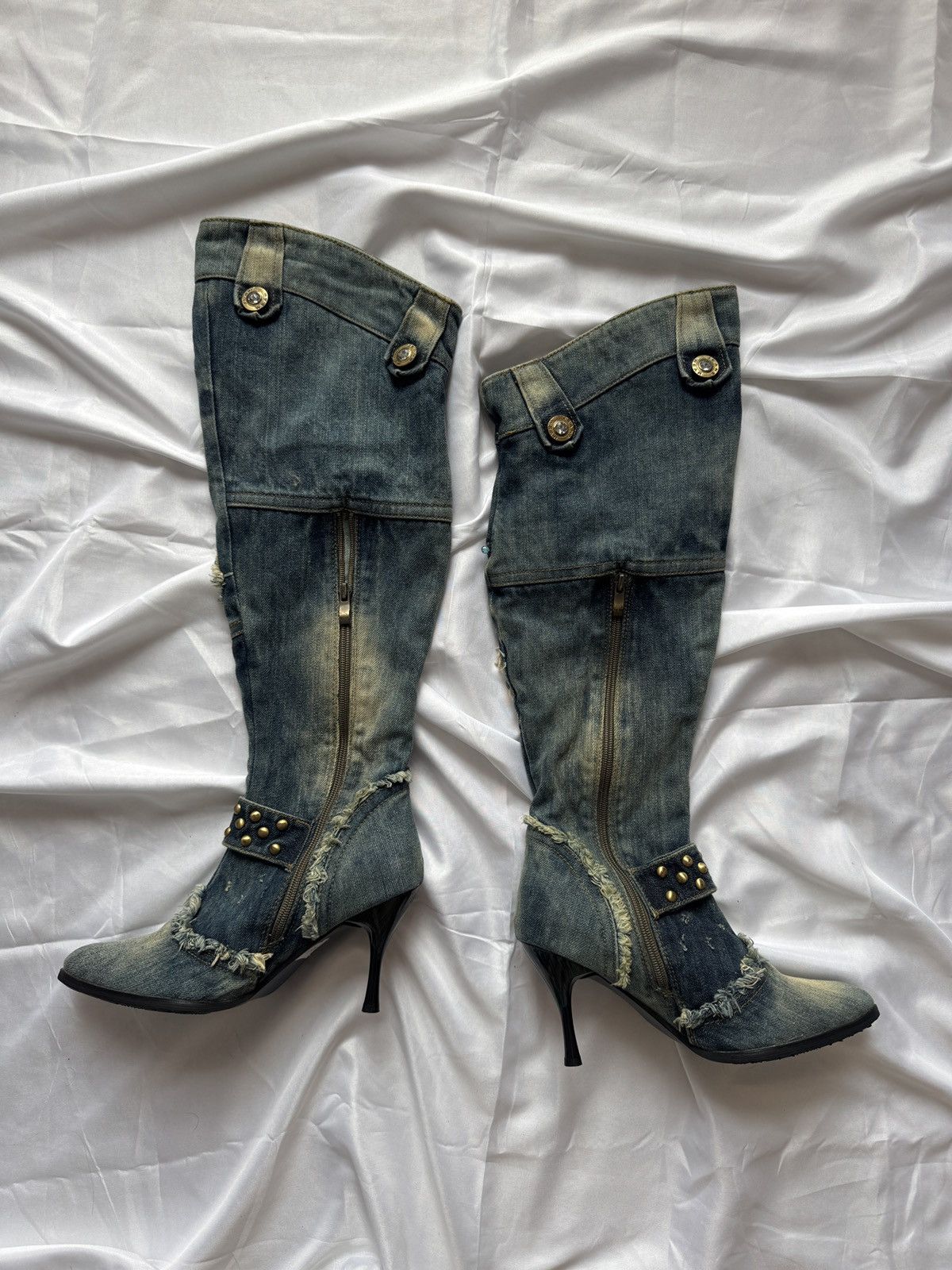 Hysteric Glamour Y2K Vintage Distressed Patchwork Knee-High Jeans Boots Size US 7 / IT 37 - 3 Thumbnail