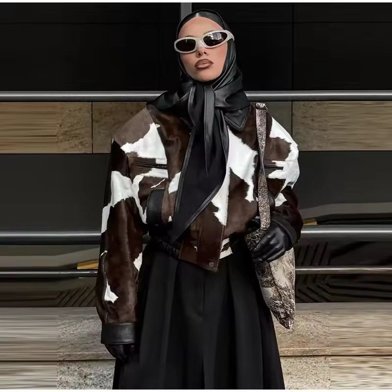 Other Retro Cow Print Zipper Autumn Streetwear Coat Jacket Size S / US 4 / IT 40 - 6 Thumbnail