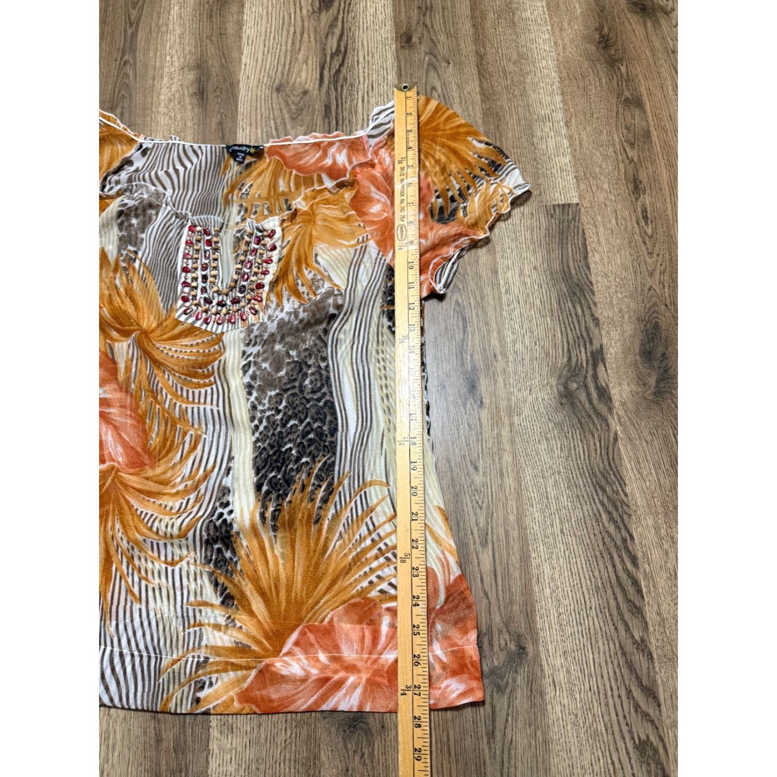 Vintage Chaudry KC Blouse Women L Orange Brown White V-neck Beads Cap Sleeve Casual Modern Cotton-Shirt Size L / US 10 / IT 46 - 7 Thumbnail