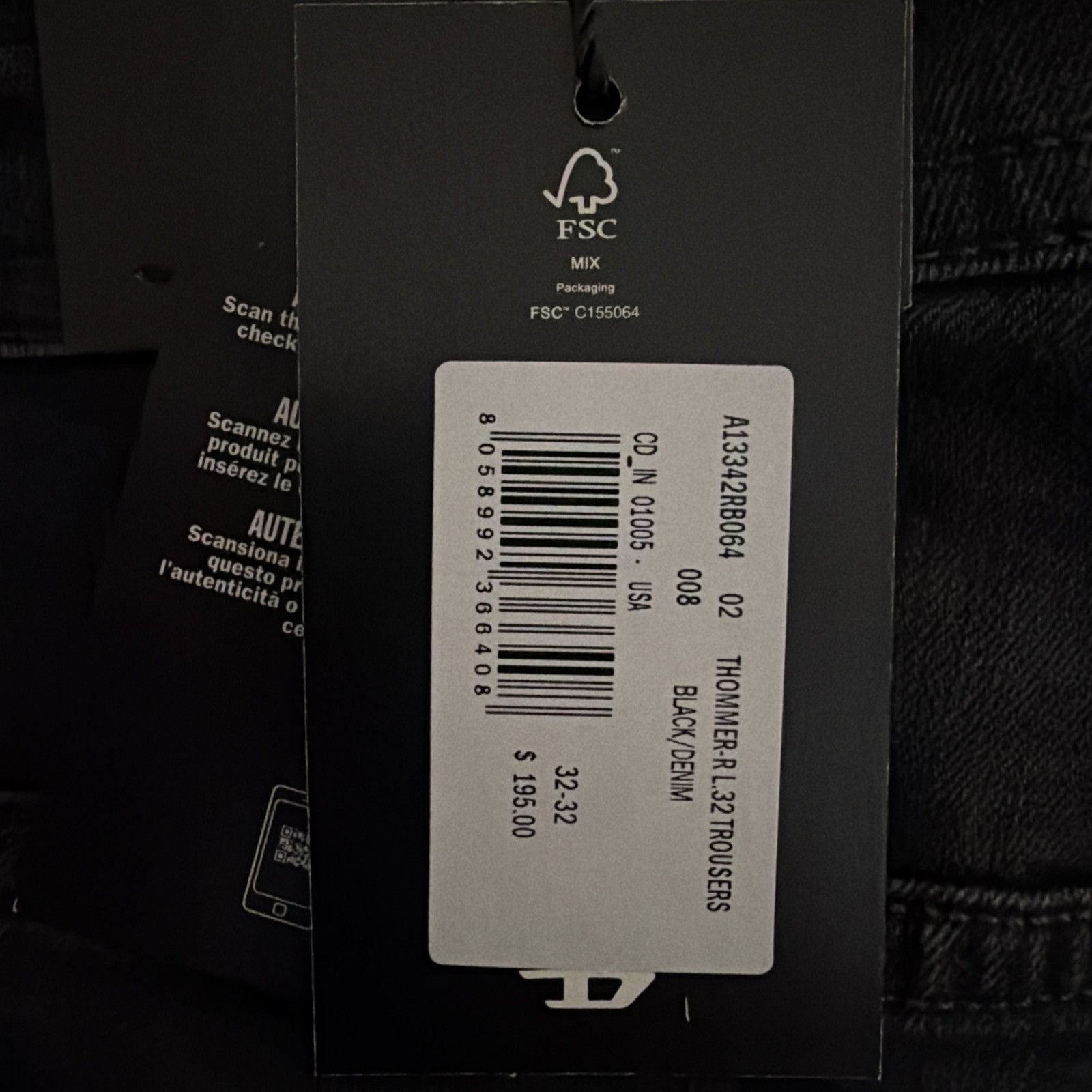 Diesel Mens Thommer Slim Fit Jeans RB064 Black Size 32/32
