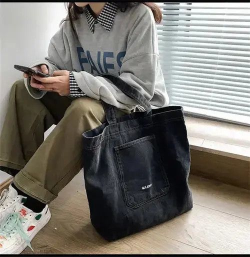 Vintage Denim Shopping Bag Designer Shoulder Solid Travel Military in Blue, Men's