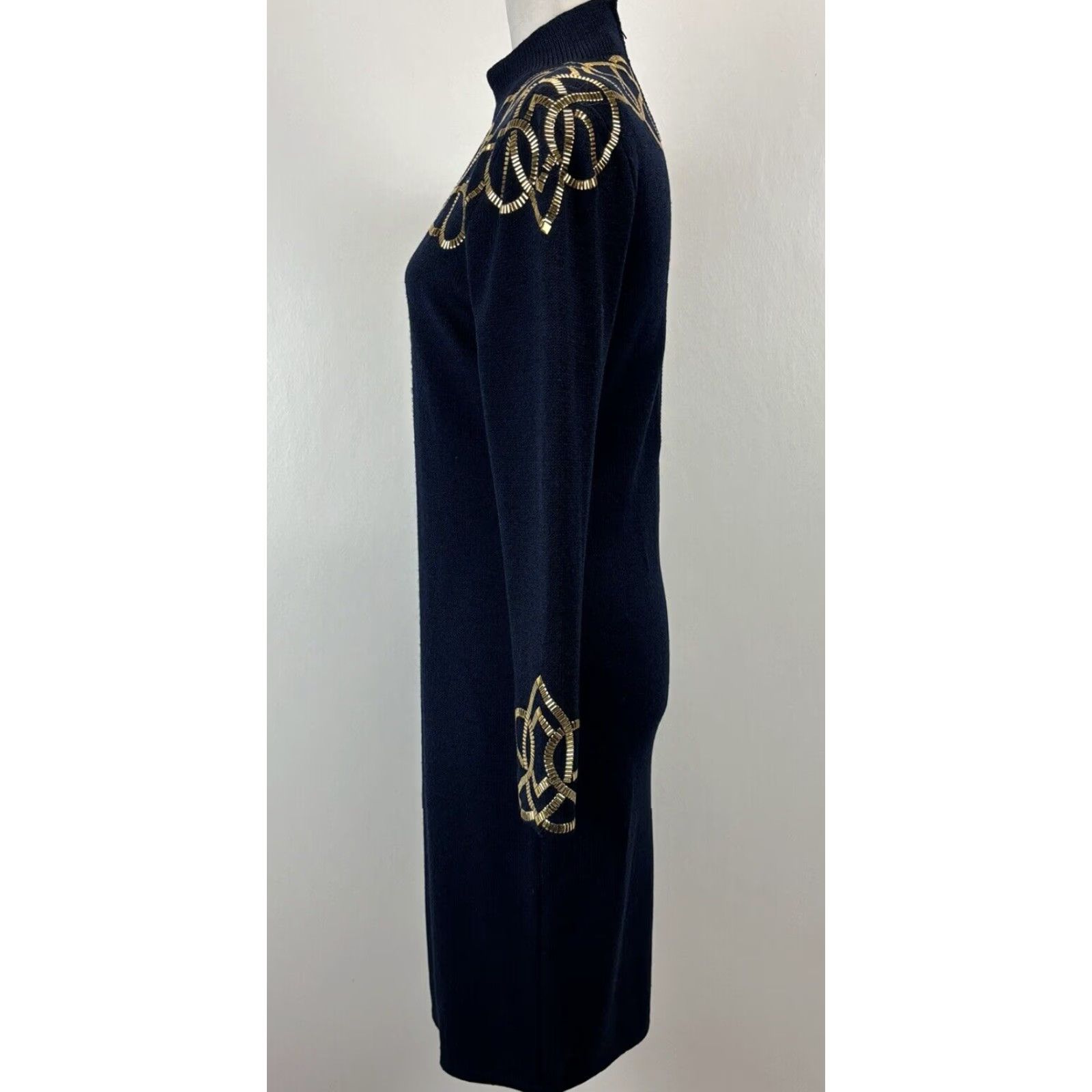 St. John Vintage St. John Collection Marie Gray Knit Dress Women Small Knee Length Long Sleeve Zip Mock Neck Studded Navy Gold 1980s Rare Size S / US 4 / IT 40 - 2 Thumbnail