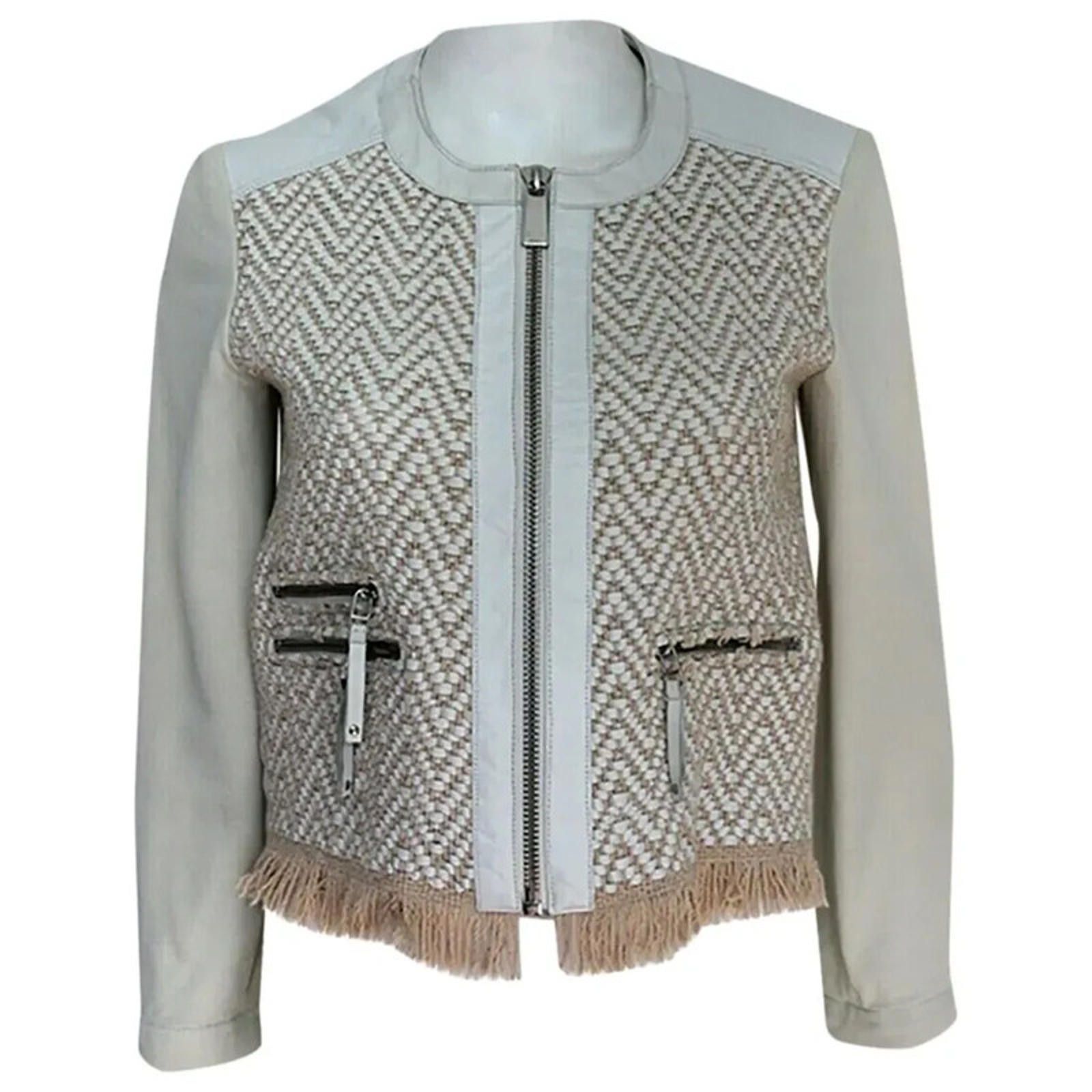 Pinko woven leather fringe jacket in cream uk 10