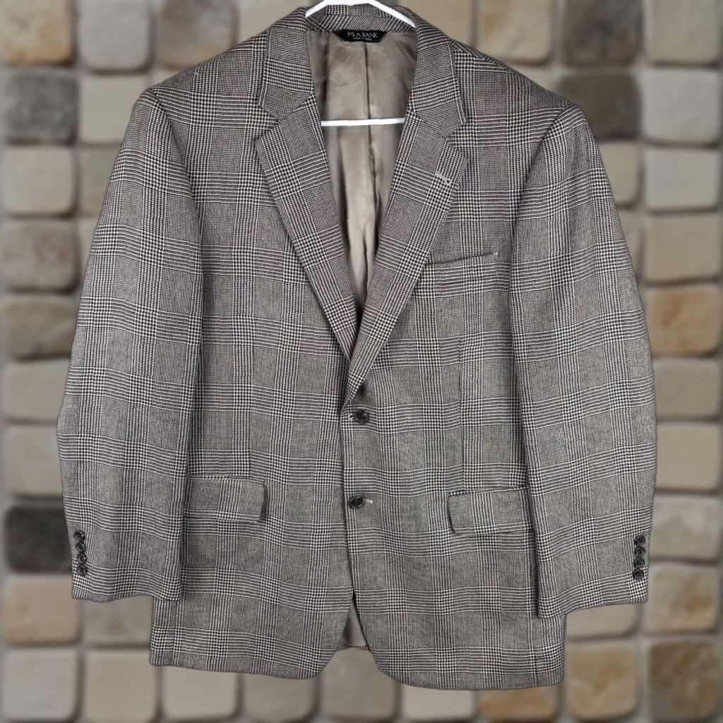 Jos. A. Bank Jos. A. Bank Sport Coat 42R Tan Black Glen Check Windowpane Silk Blend Blazer Size 42R - 1 Thumbnail