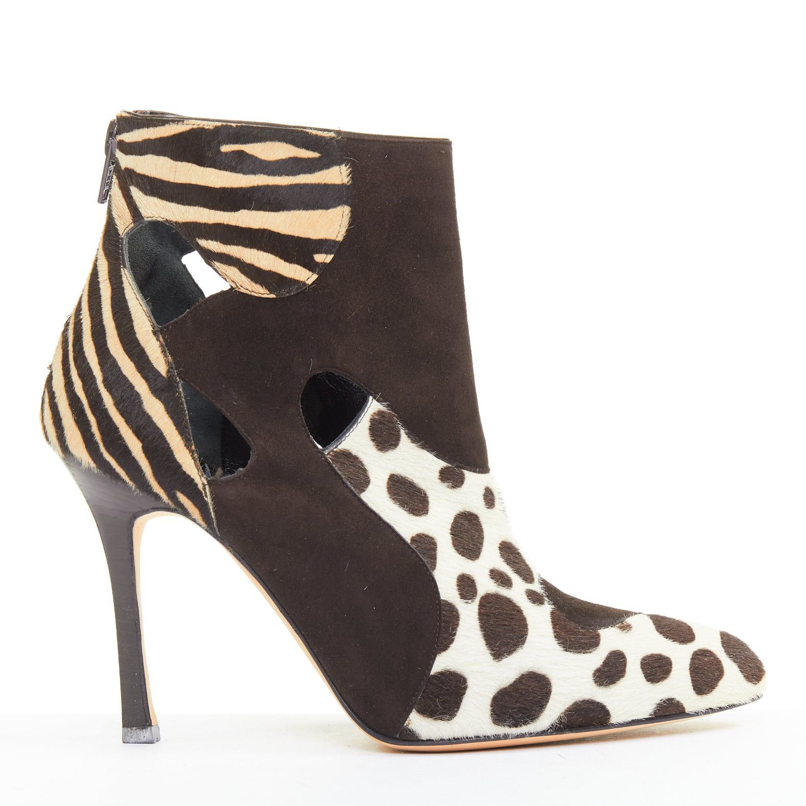 Brian Atwood BRIAN ATWOOD Camoscio brown suede calf hair multi animal print cut out booties EU38.5 Size US 8.5 / IT 38.5 - 1 Thumbnail