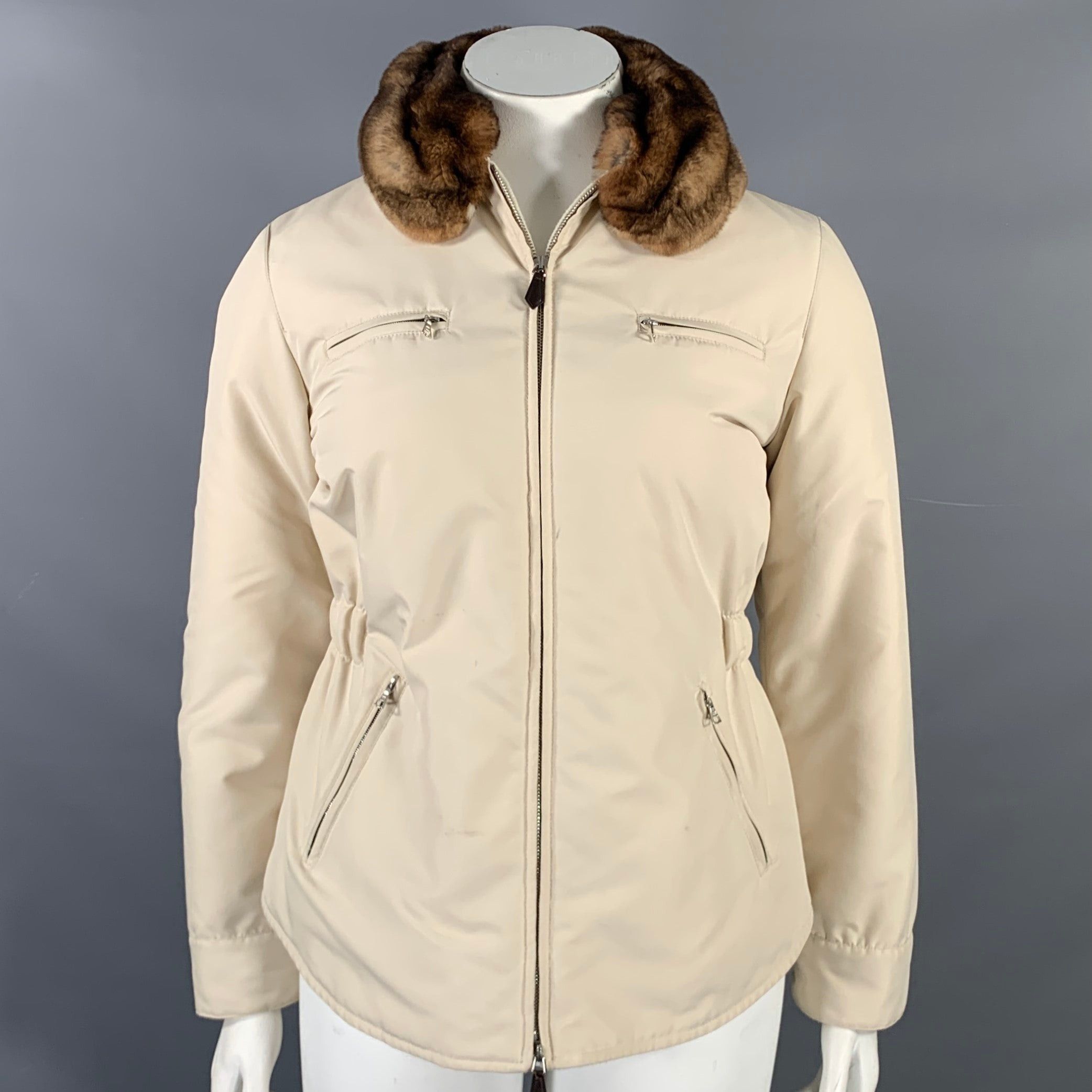 image of Agnona Cream Polyester Removable Fur Collar Zip Up Jacket, Women's (Size Large)