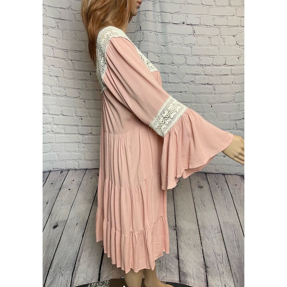 Other My Story Peach Tiered Bell Sleeve Crochet Trim Dress Size L Size L / US 10 / IT 46 - 3 Thumbnail