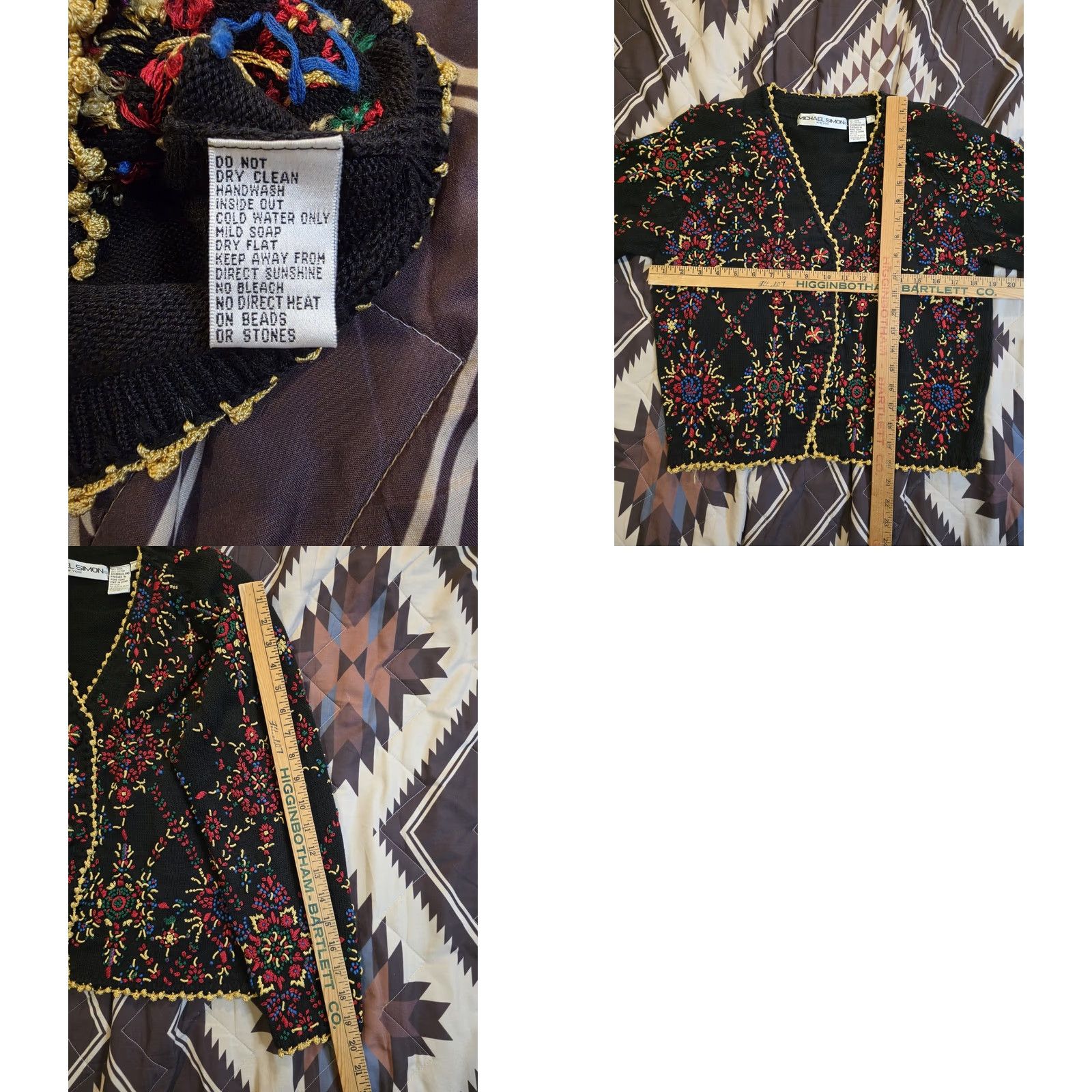Simons VINTAGE Michael Simon Cardigan Sweater 3D Embroidered Flowers Black Sz M Medium Women Size M / US 6-8 / IT 42-44 - 8 Thumbnail