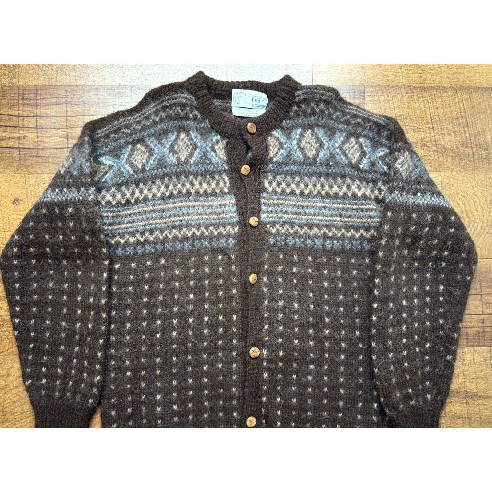 Vintage Pavo Real Women’s Large Cardigan Sweater 100% Alpaca Fair Isle Nordic Brown Long Sleeve Crew Neck Knit Christmas Winter Aztec DP Size L / US 10 / IT 46 - 2 Thumbnail