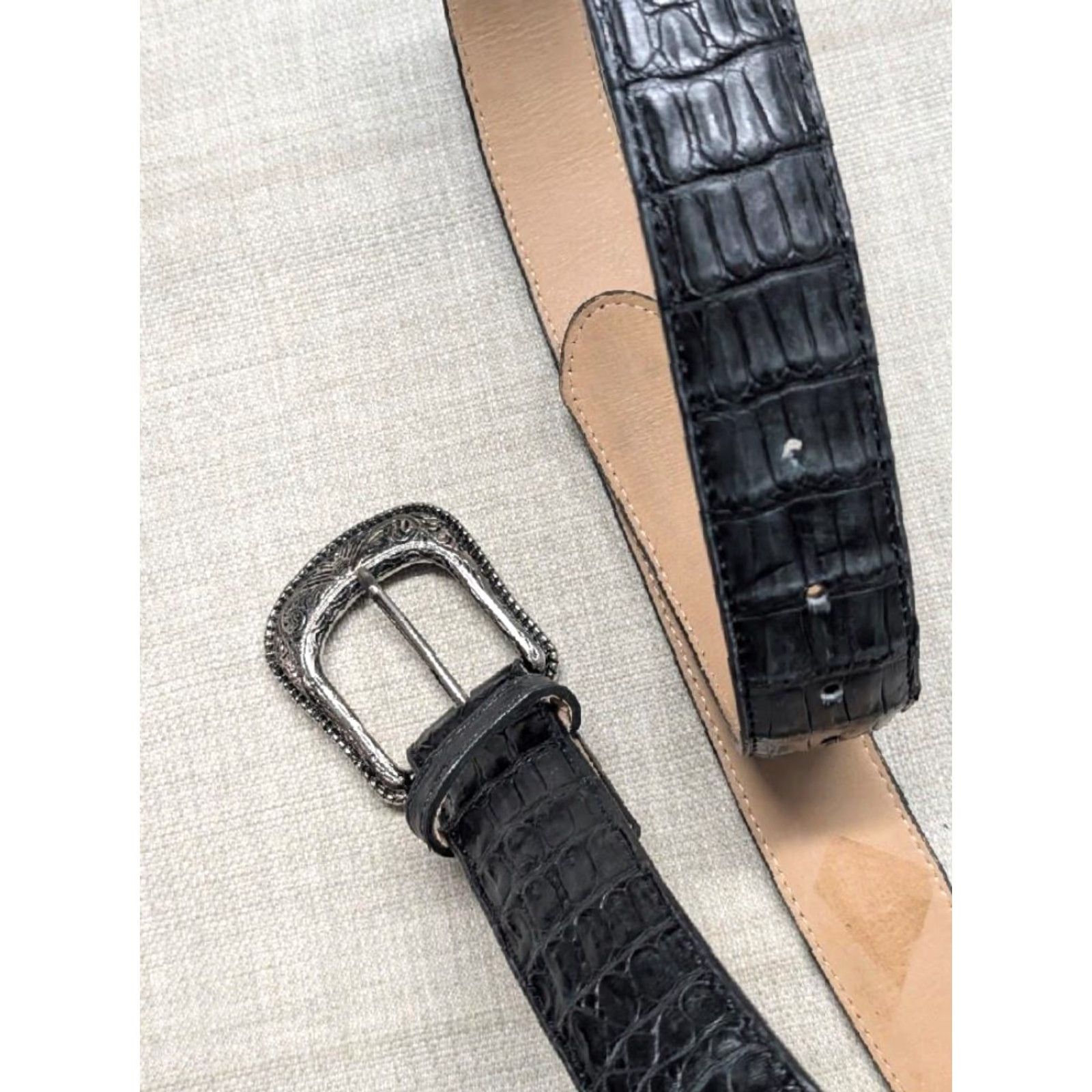 Vintage VINTAGE genuine CAIMAN handcrafted WESTERN belt 42 BLACK leather, crocodile alligator JRC belts Mens Western 42 Size 42 - 2 Thumbnail