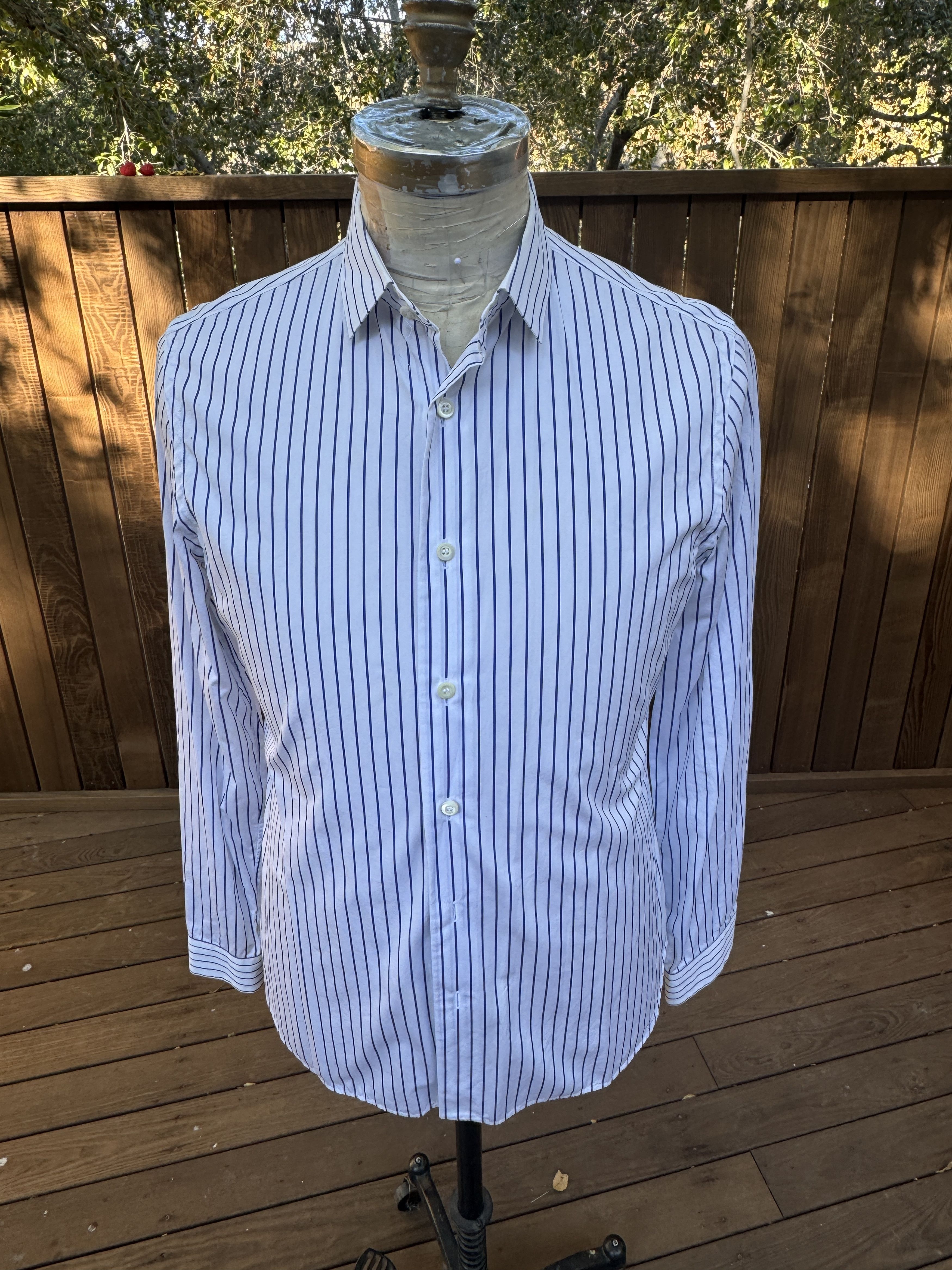 image of Prada Tailored Blue Stripe Dress Shirt in White/Blue, Men's (Size Small)