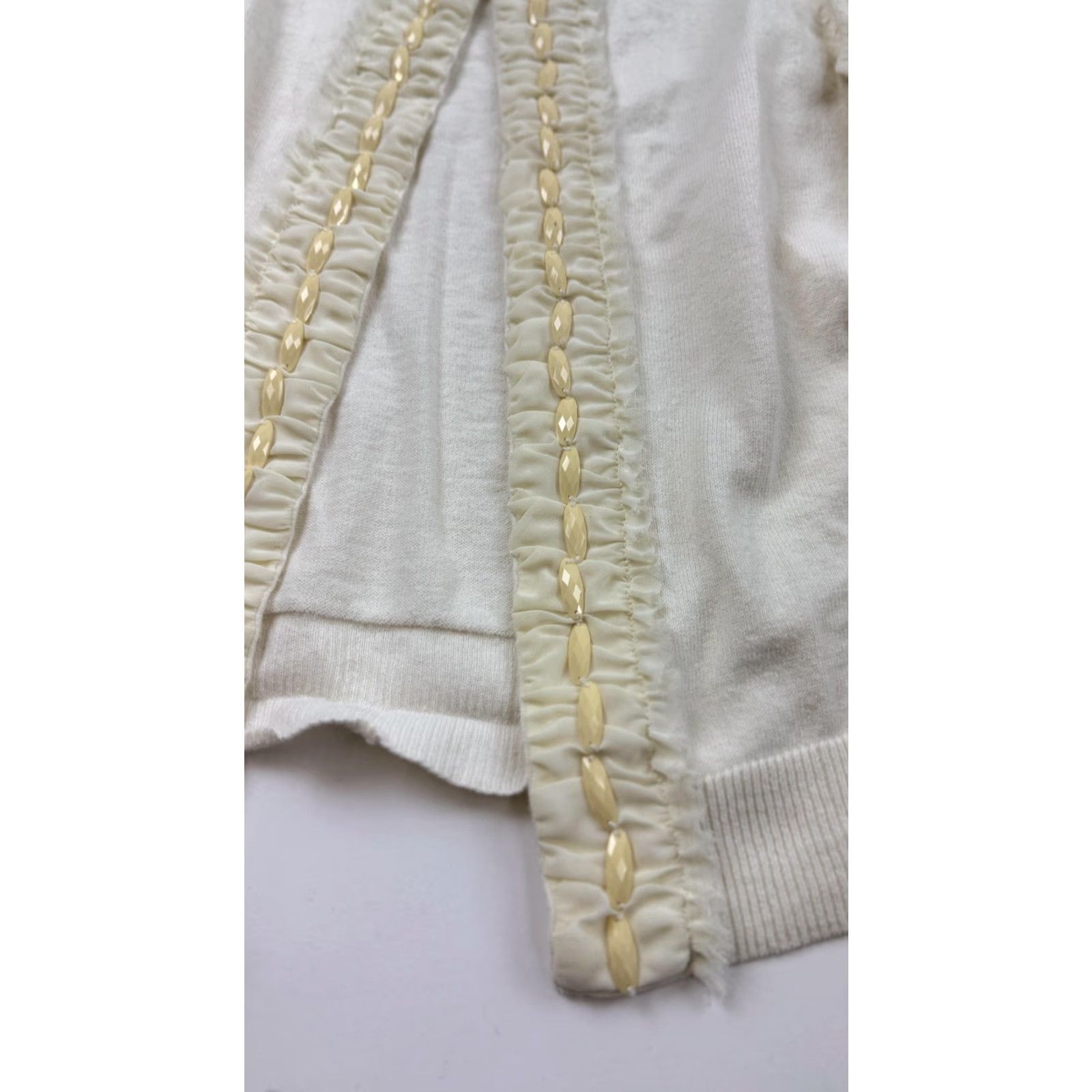 Banana Republic Banana Republic Cardigan Sweater Womens Petite Small Ivory Beaded Open Front Long Sleeve Ruched Trim Size S / US 4 / IT 40 - 6 Thumbnail