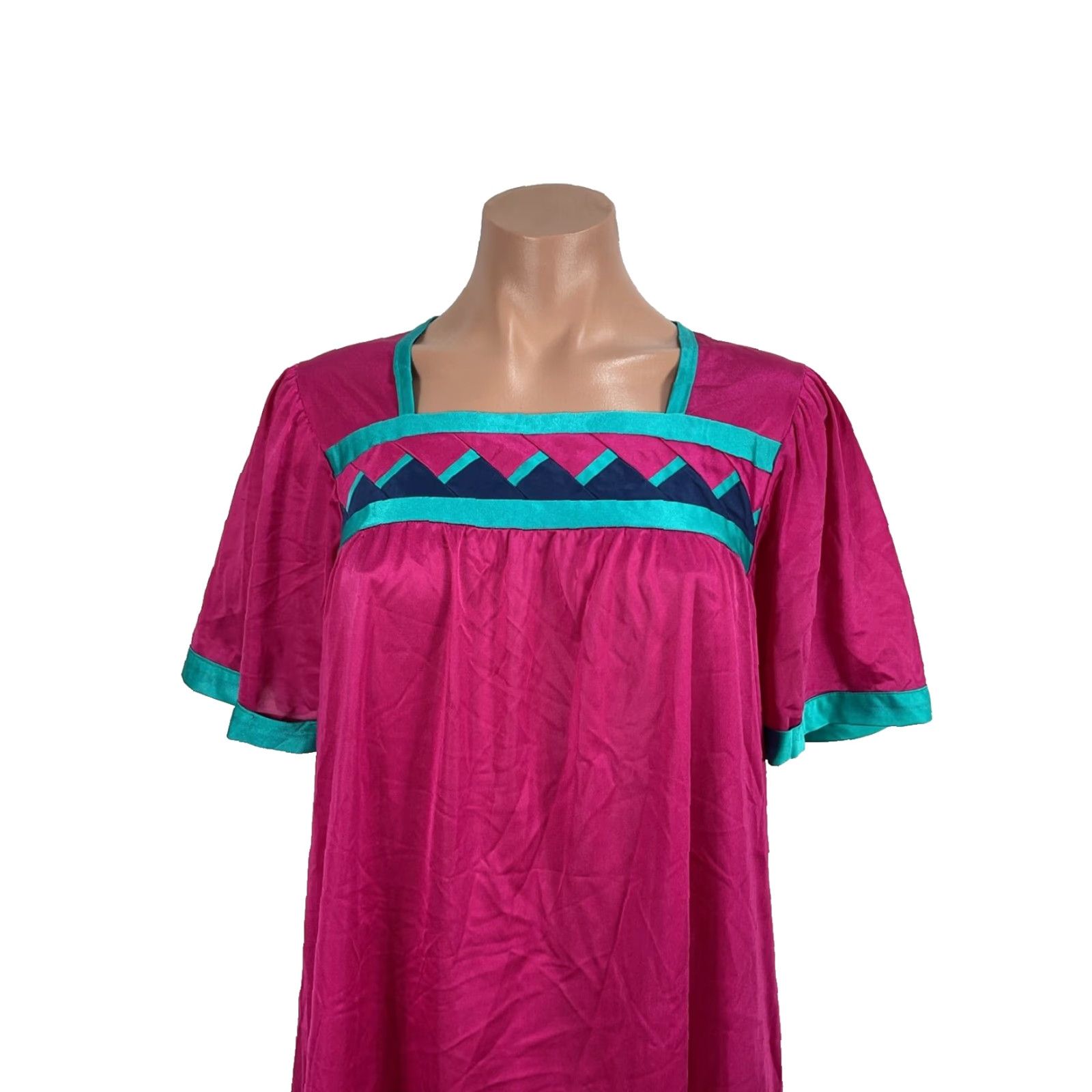 VINTAGE Henson Kickernick 70s Pink Geometric Nylon Maxi Nightgown M Womens