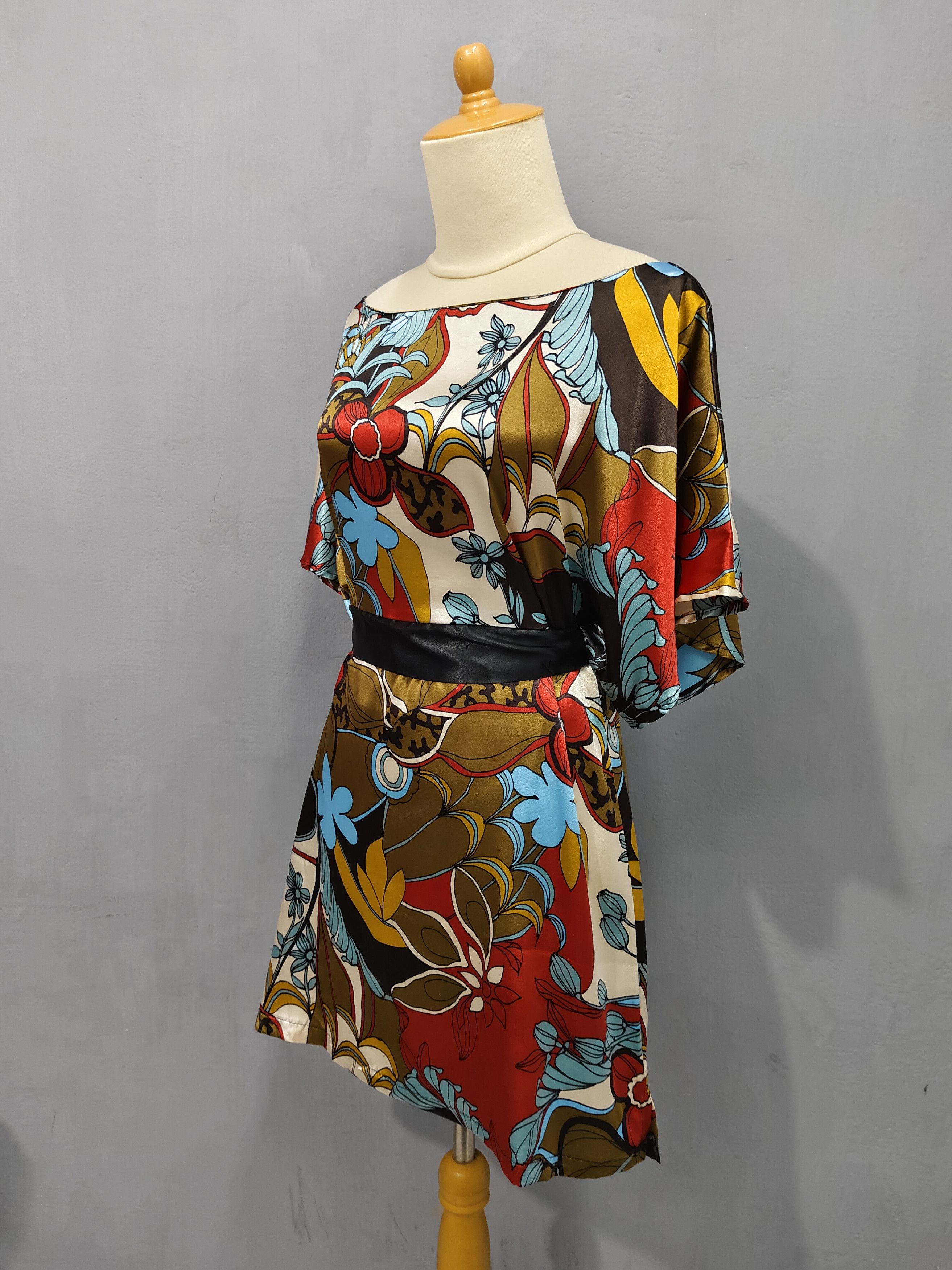 Vintage 90s Teddy S.p.A- Abstract Floral Kimono Sleeve Dress Size M / US 6-8 / IT 42-44 - 2 Thumbnail