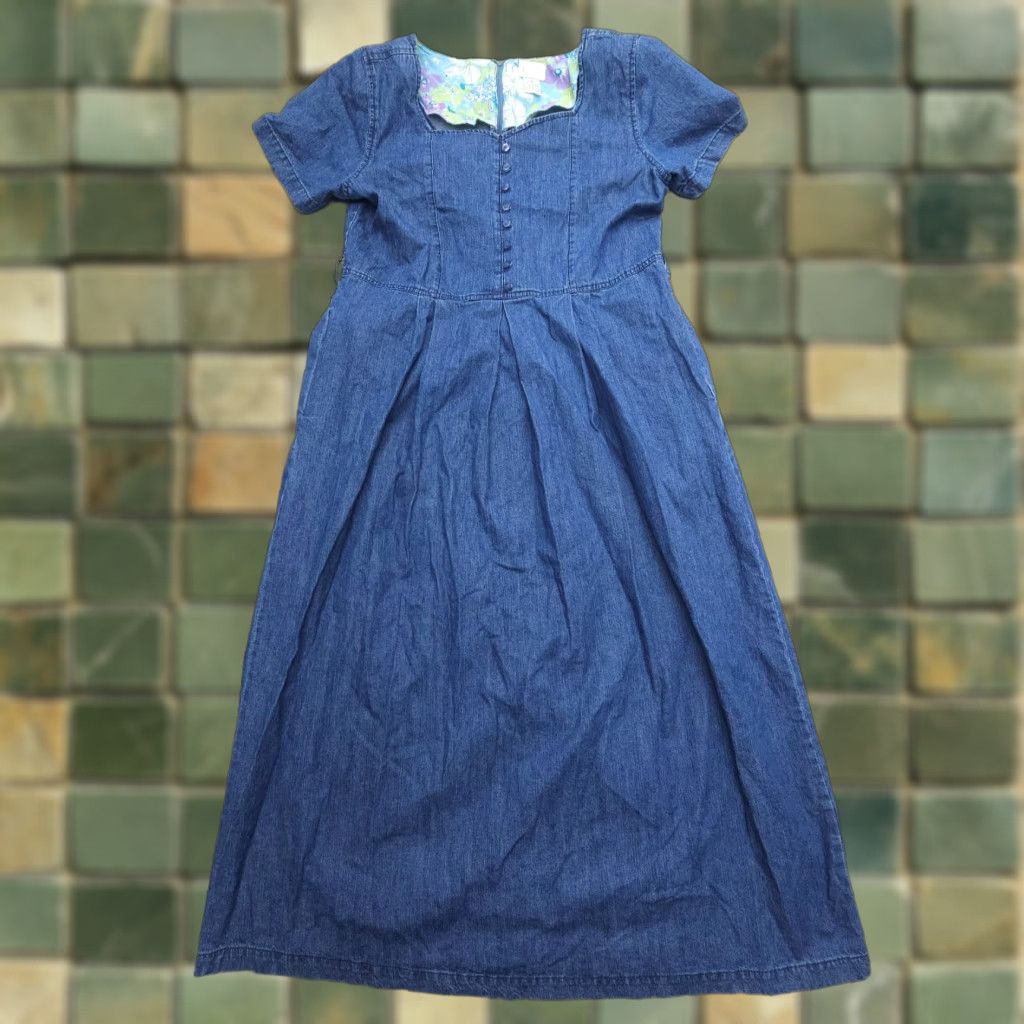 VINTAGE Erika Maxi Dress Denim Blue Collared Button Front A-Line 90s Women  M Medium Short
