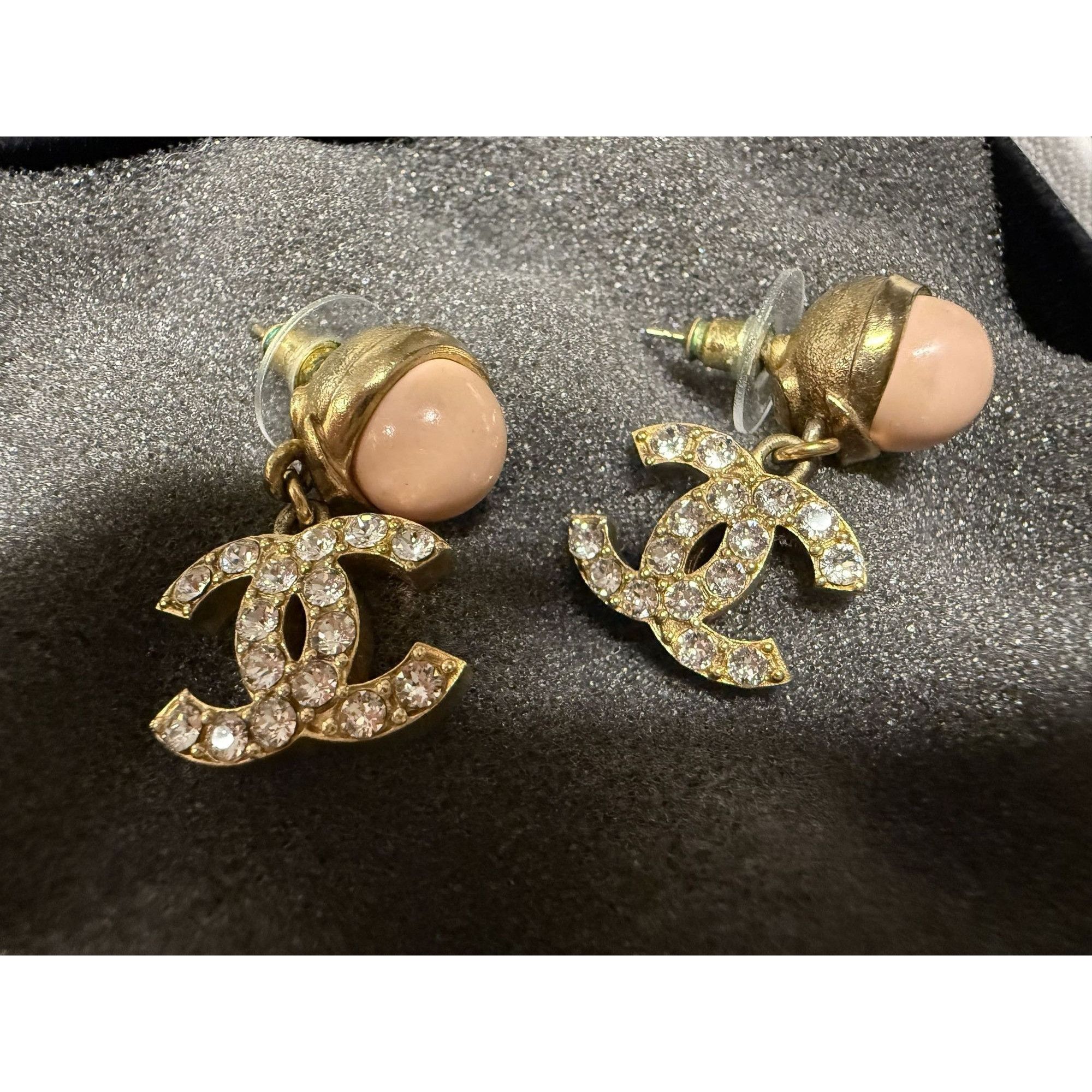 Chanel Chanel Gold Crystal CC Logo Drop Earrings With Pink Enamel & Size ONE SIZE - 1 Thumbnail