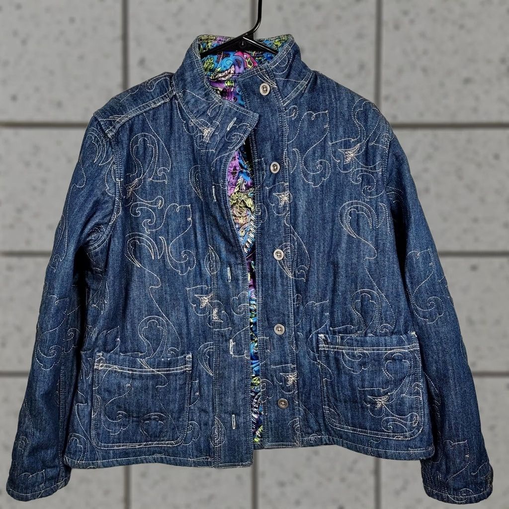 Vintage Chico's Reversible Quilted Jacket Denim Paisley Embroidered Size 2 Blue Jacket Women Regular Spring Fall Size XS / US 0-2 / IT 36-38 - 1 Thumbnail