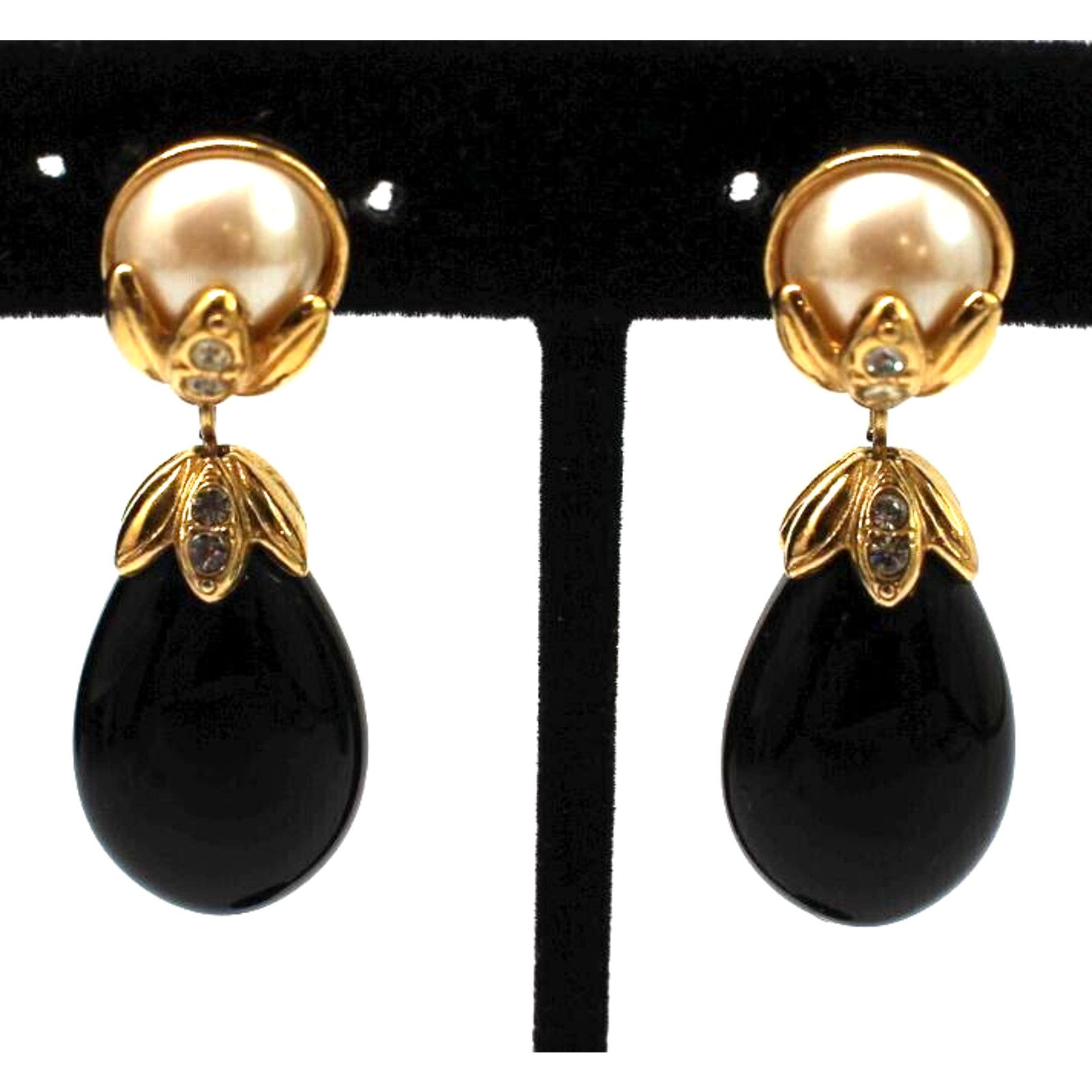 Other Vintage Faux Onyx & Faux Pearl Pierced Earrings •1.5" Drop Size ONE SIZE - 1 Thumbnail
