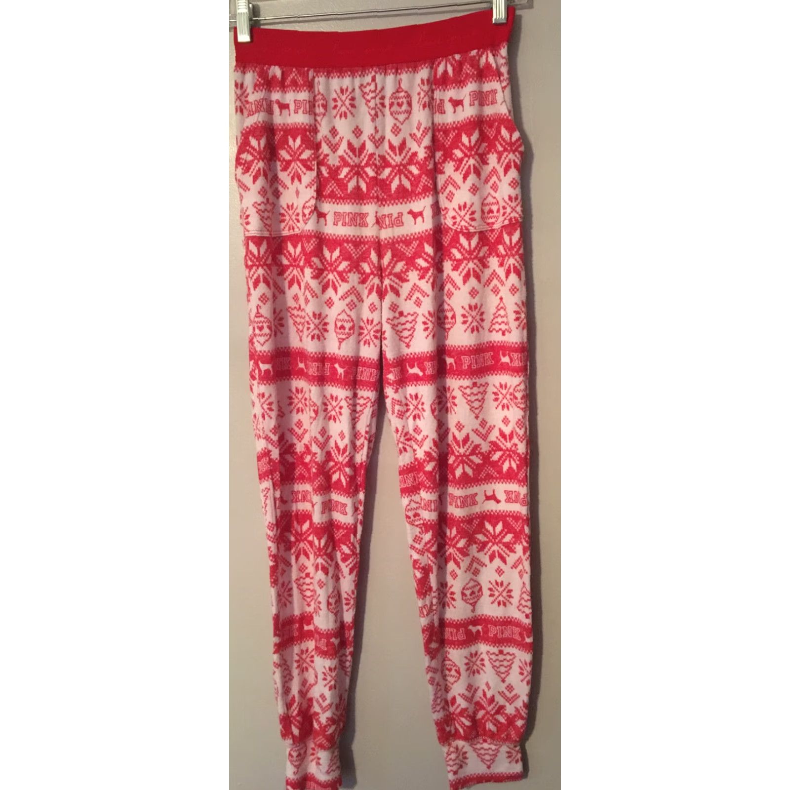 Vintage PINK Victoria's Secret Fair Isle Snowflake Pajama Pants White Red Sz S Size 28" / US 6 / IT 42 - 2 Thumbnail