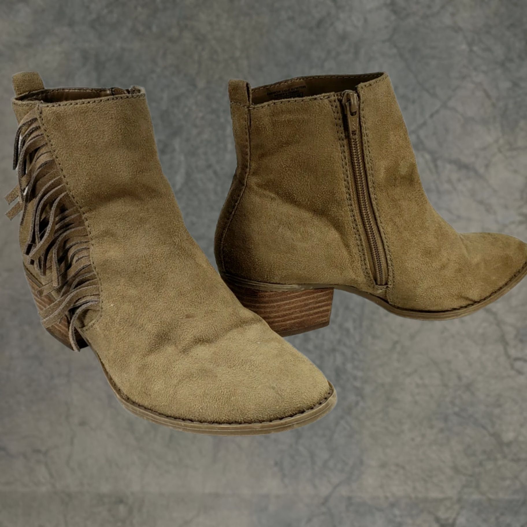 American Eagle Outfitters American Eagle Women's Fall Fringe Side Zip Ankle Booties Faux Suede Size 8 Tan Mid Heel Western Casual Boots Womens Size ONE SIZE - 1 Thumbnail