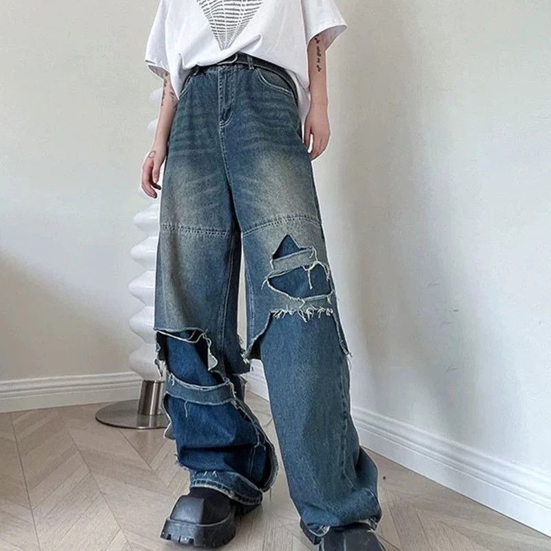 image of Distressed Denim Double Layered Cut Hole Hollow Out Wide Leg Jean in Blue, Men's (Size 31)