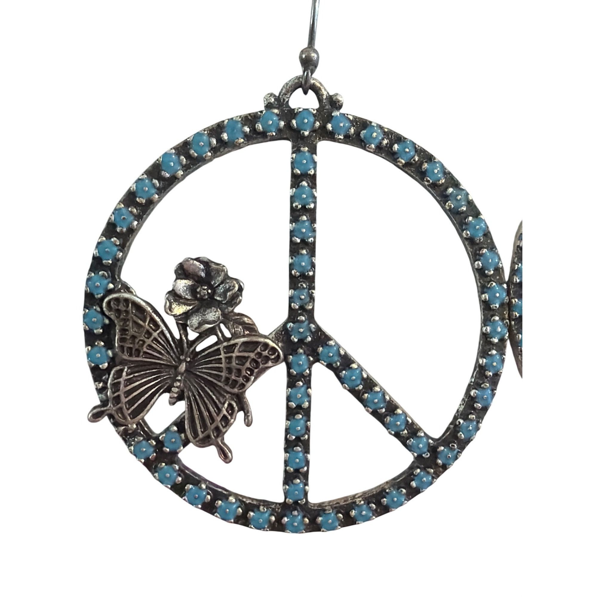 Other Silver Tone Turquoise Enamel Dangle Earring Peace Sign Butte Size ONE SIZE - 2 Thumbnail