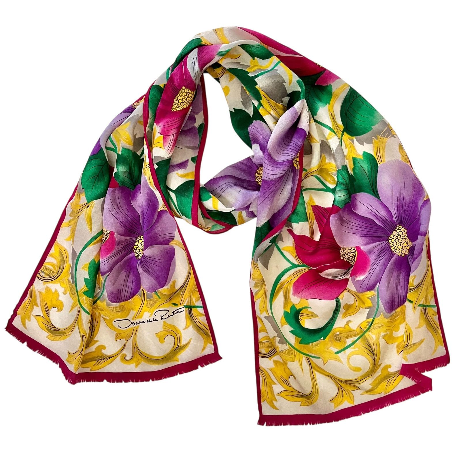 Oscar De La Renta × Vintage Oscar de la Renta Floral Gold Crepe de Chine Silk Scarf Size ONE SIZE - 7 Thumbnail
