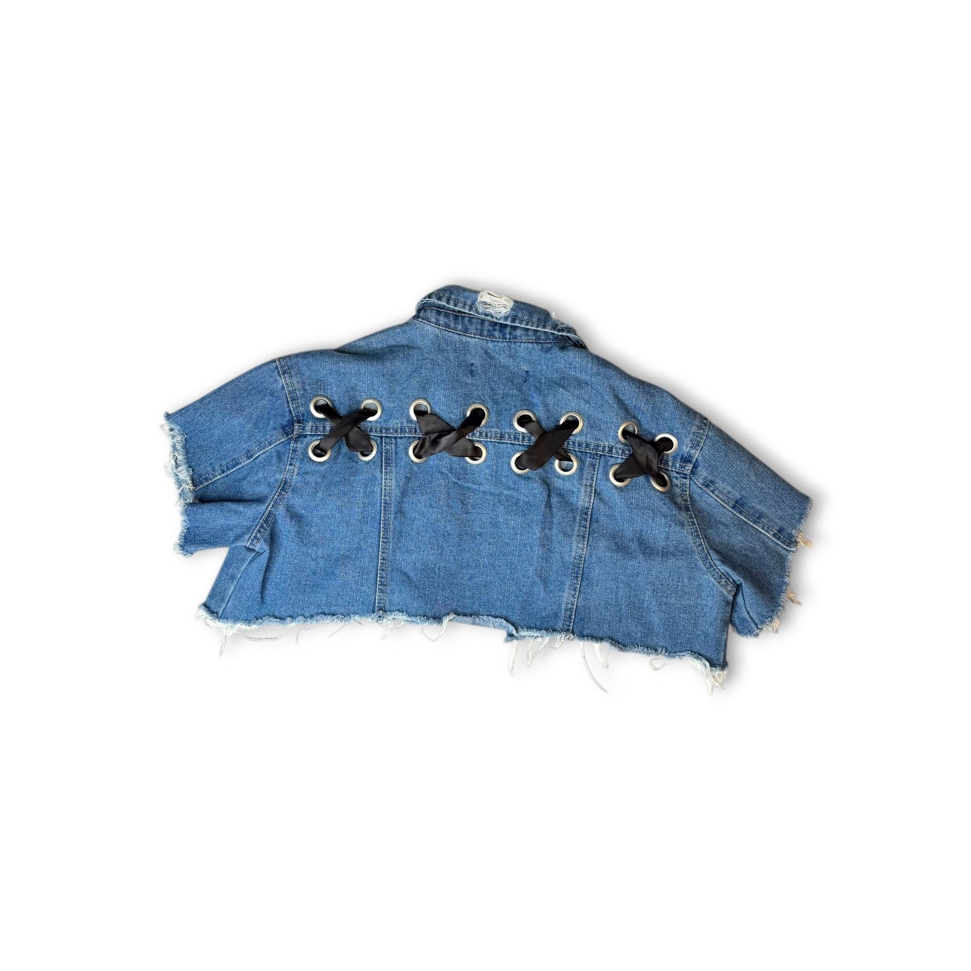 Almost Famous Crave Fame Denim Crop Jacket Distressed Hem Lace-Up Back Siz Size S / US 4 / IT 40 - 2 Thumbnail