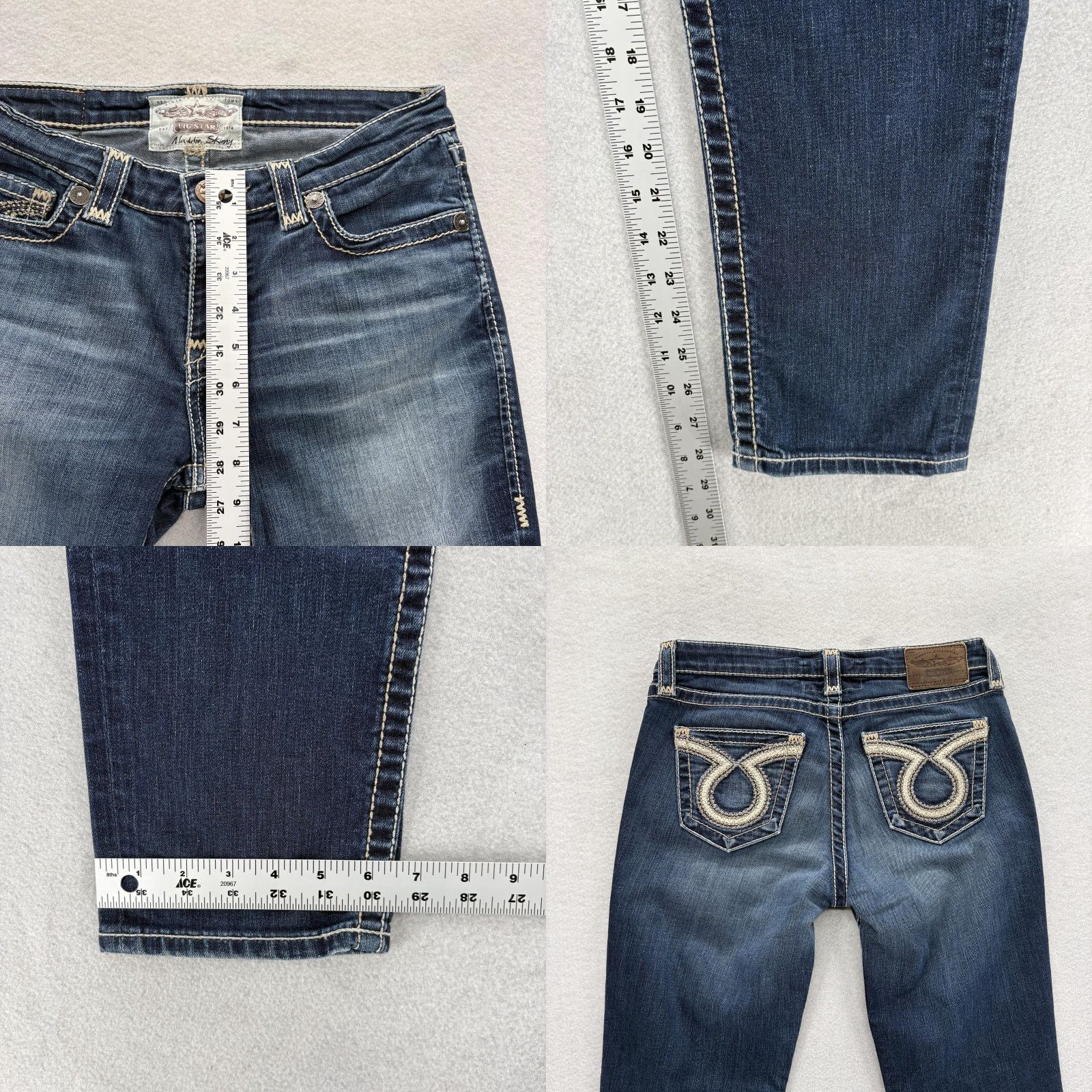 Vintage Big Star Maddie Skinny Jeans Womens 28 Blue Mid Rise Stretch Embroidered Grunge Size 28" / US 6 / IT 42 - 8 Thumbnail