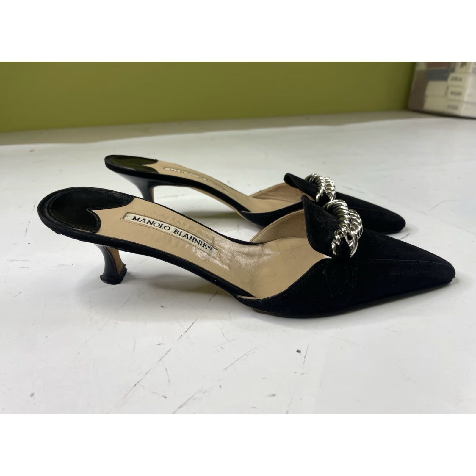 Manolo Blahnik Manolo Blahnik Kitten Heel Woman Suede Black Pointed Toe Silver Chain 38 / US8 Moderate wear Size US 7 / IT 37 - 5 Thumbnail