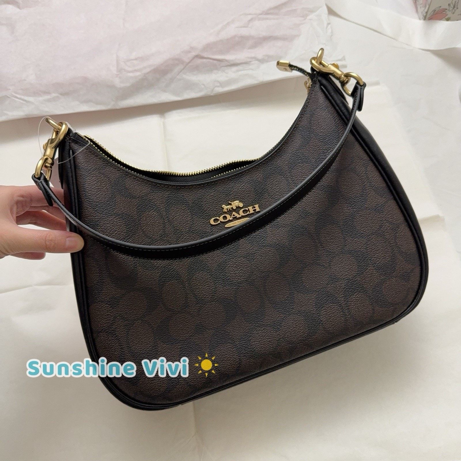 Coach NWT Coach Teri Hobo Bag Signature CK161 Gold/Walnut/Black Size ONE SIZE - 10 Thumbnail