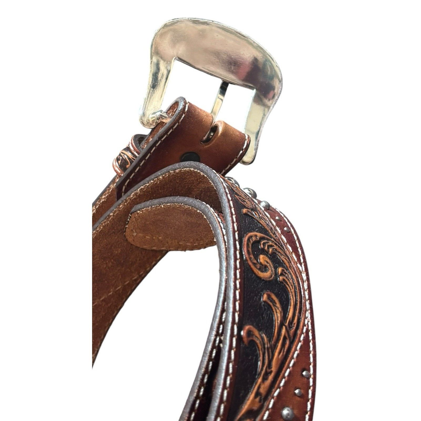 Tony Lama Tony Lama Belt Tan Brown Tooled Embossed Leather Studded 36 Size 36 - 4 Thumbnail