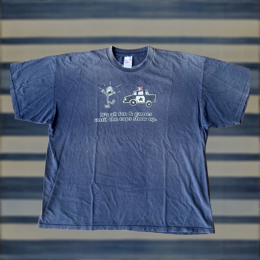 Vintage VINTAGE Its All Fun And Games Until The Cops Show Up T Shirt 2XL Alstyle Blue Graphic Print Crew Neck Short Sleeve Men Mens Size US XL / EU 56 / 4 - 1 Thumbnail