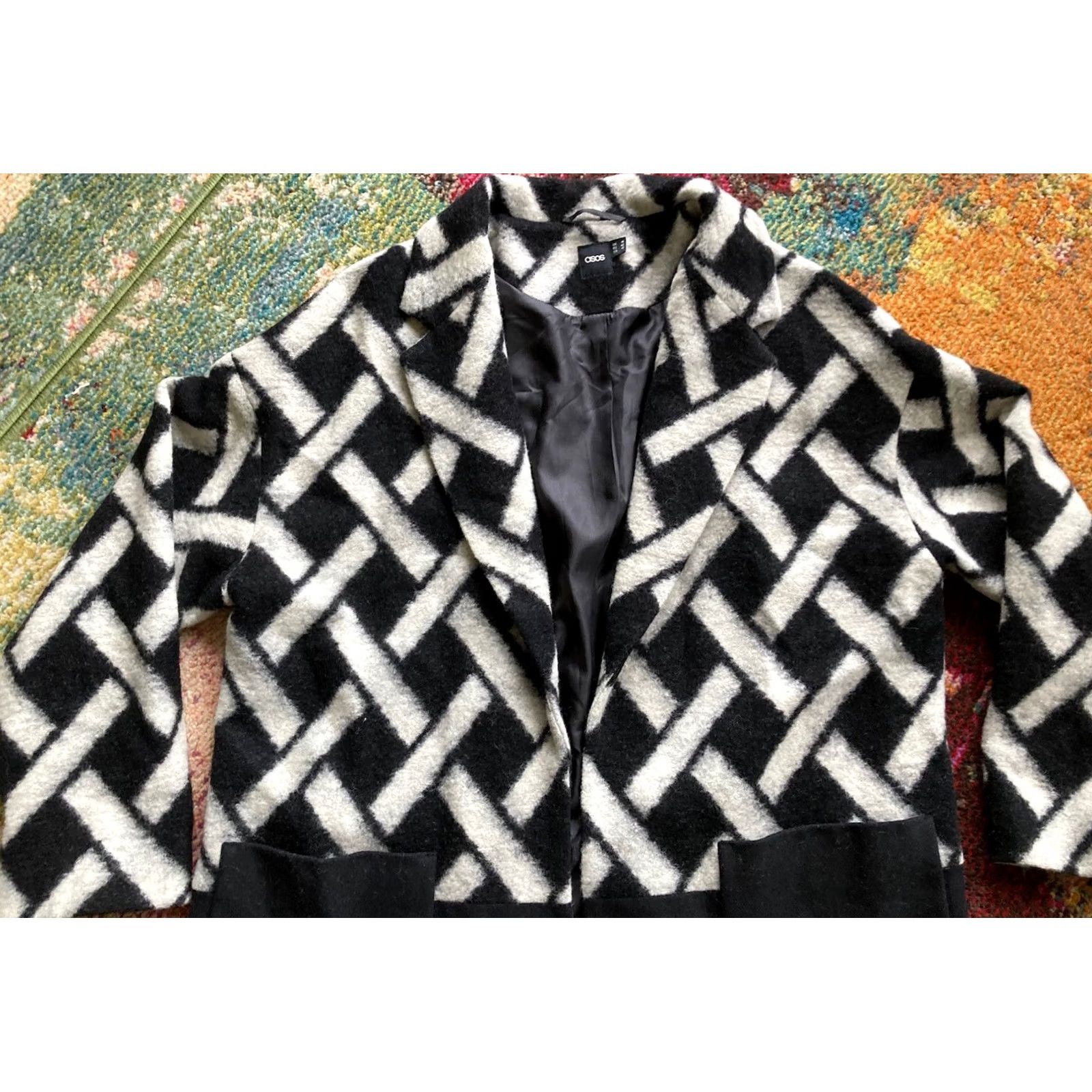 Asos ASOS Coat Wool Blend Overcoat Long Pockets Lined Black 10 Womens Geometric Jacket Multicolor Exterior Size L / US 10 / IT 46 - 4 Thumbnail
