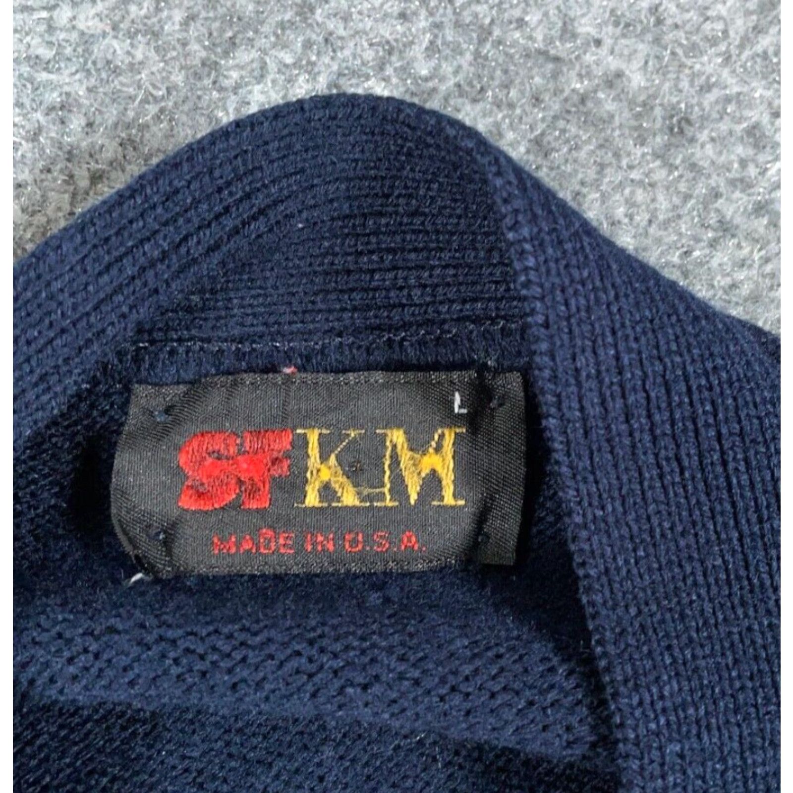 Vintage VINTAGE Grandpa Cardigan Shirt Men L Dark Blue 80s Distressed Knit USA Made SFKM Fall Winter 80s Retro Mens Size US L / EU 52-54 / 3 - 4 Thumbnail