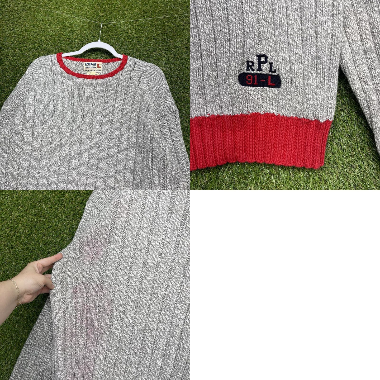 Polo Ralph Lauren VINTAGE Polo Ralph Lauren Sweater Mens L Cable-Knit Crew Neck Gray Cotton Pullover 90s Mens Size US L / EU 52-54 / 3 - 8 Thumbnail