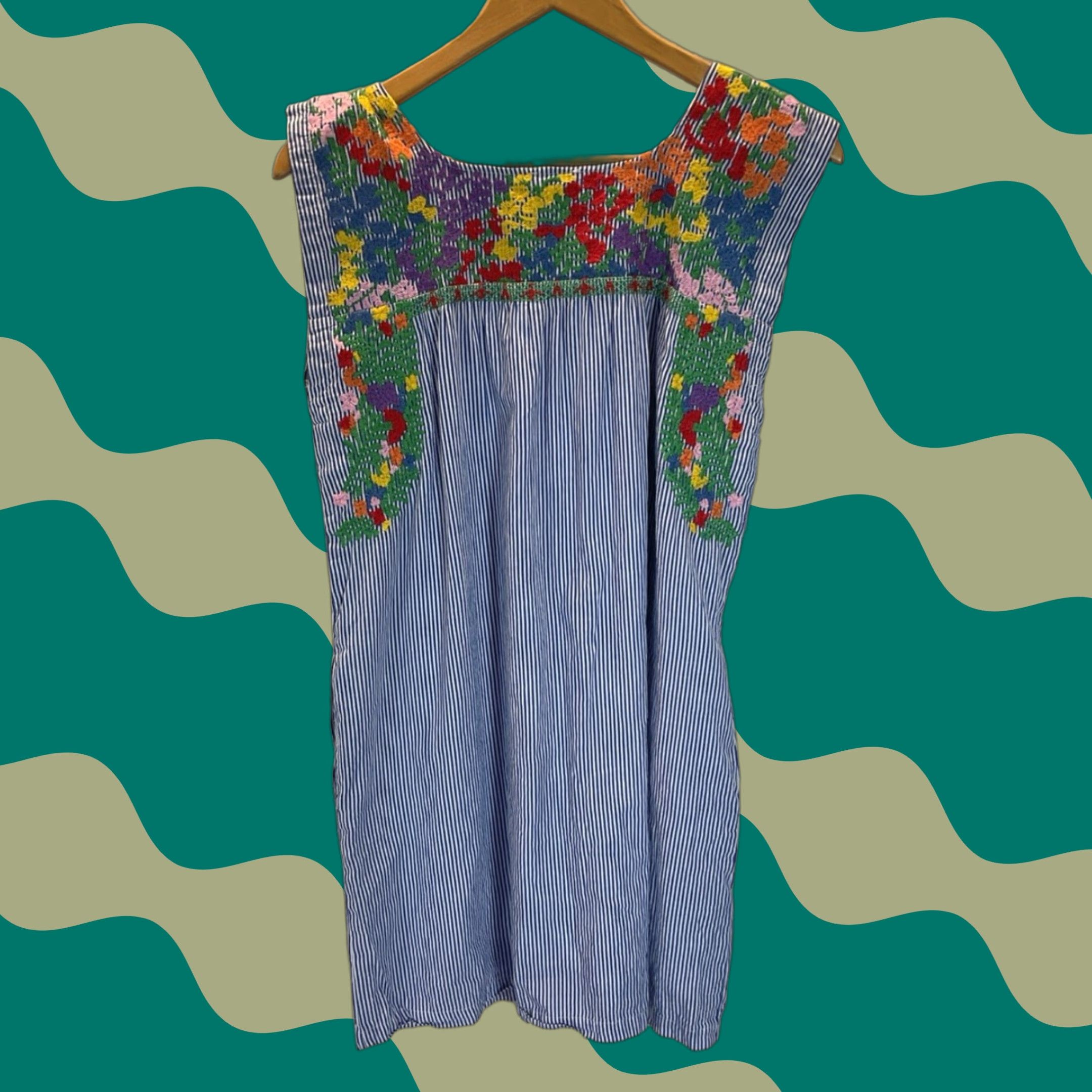 J Marie colorful embroidered floral blue striped mini Dress S