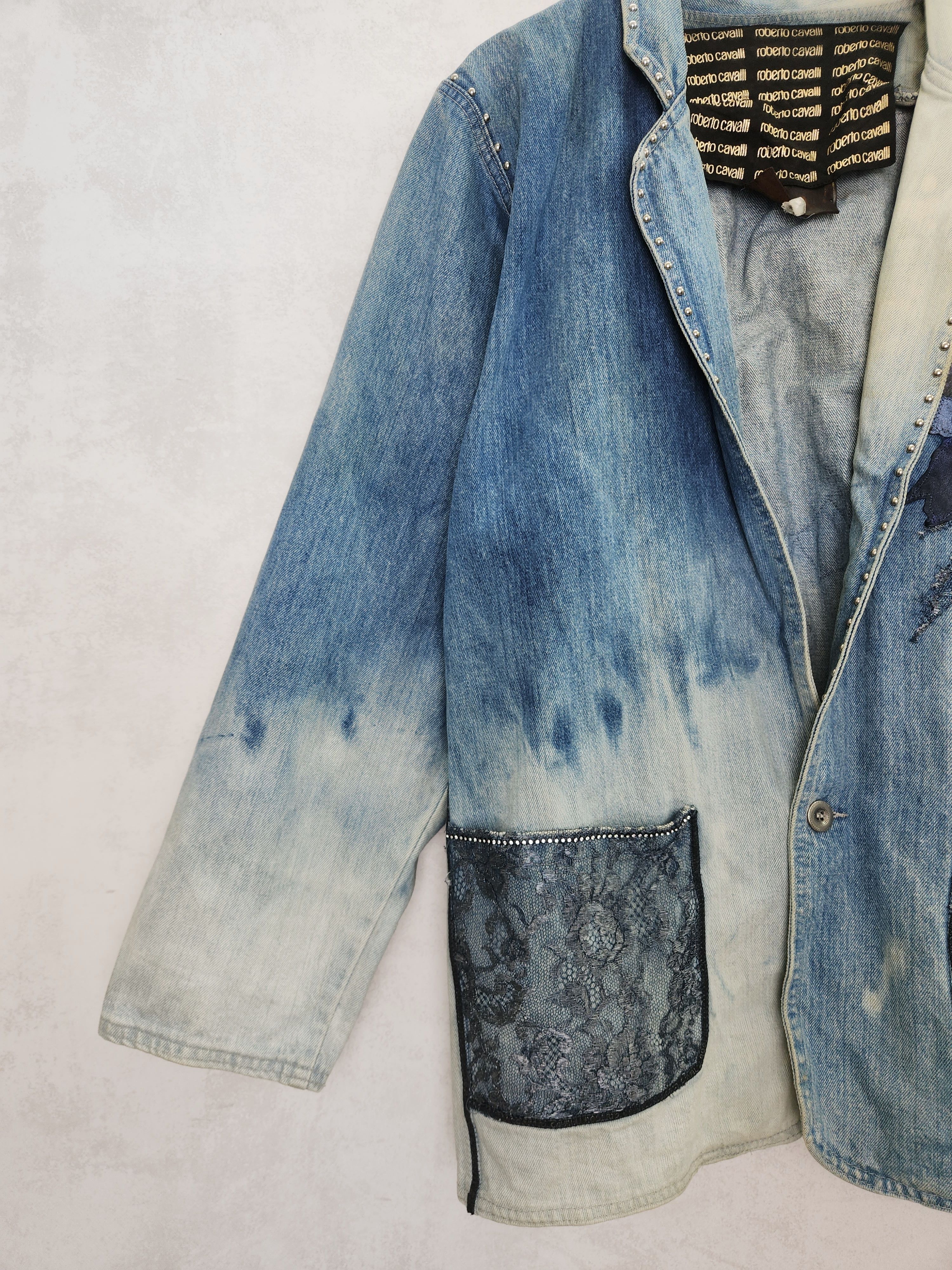 Roberto Cavalli 80s Roberto Cavalli denim jeans jacket leather flowers Size L / US 10 / IT 46 - 3 Thumbnail