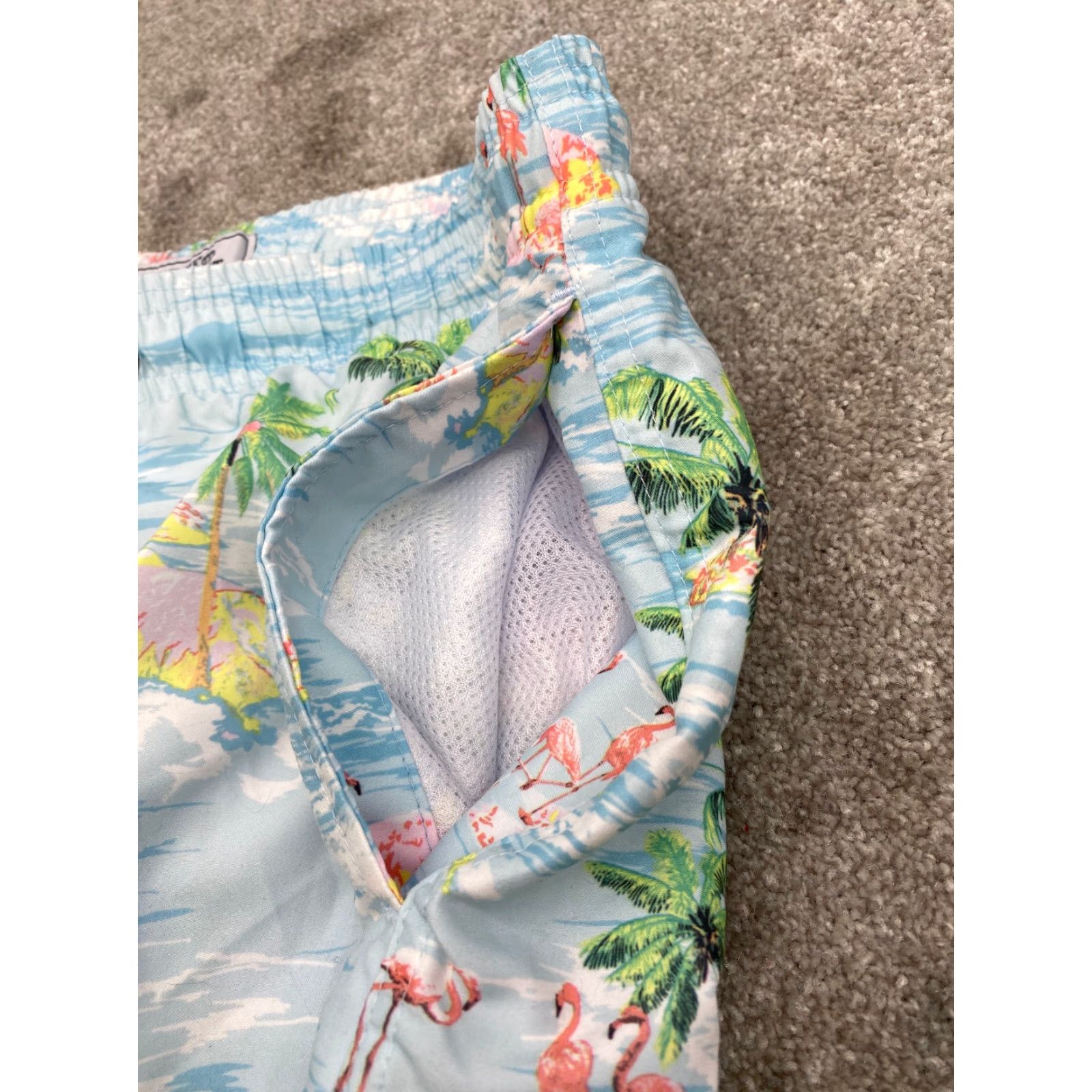 Vintage NWT Free Planet Flamingo Surf Swim Trunks Mens M Lt Blue Tropical Island Beach Size US 31 - 5 Thumbnail